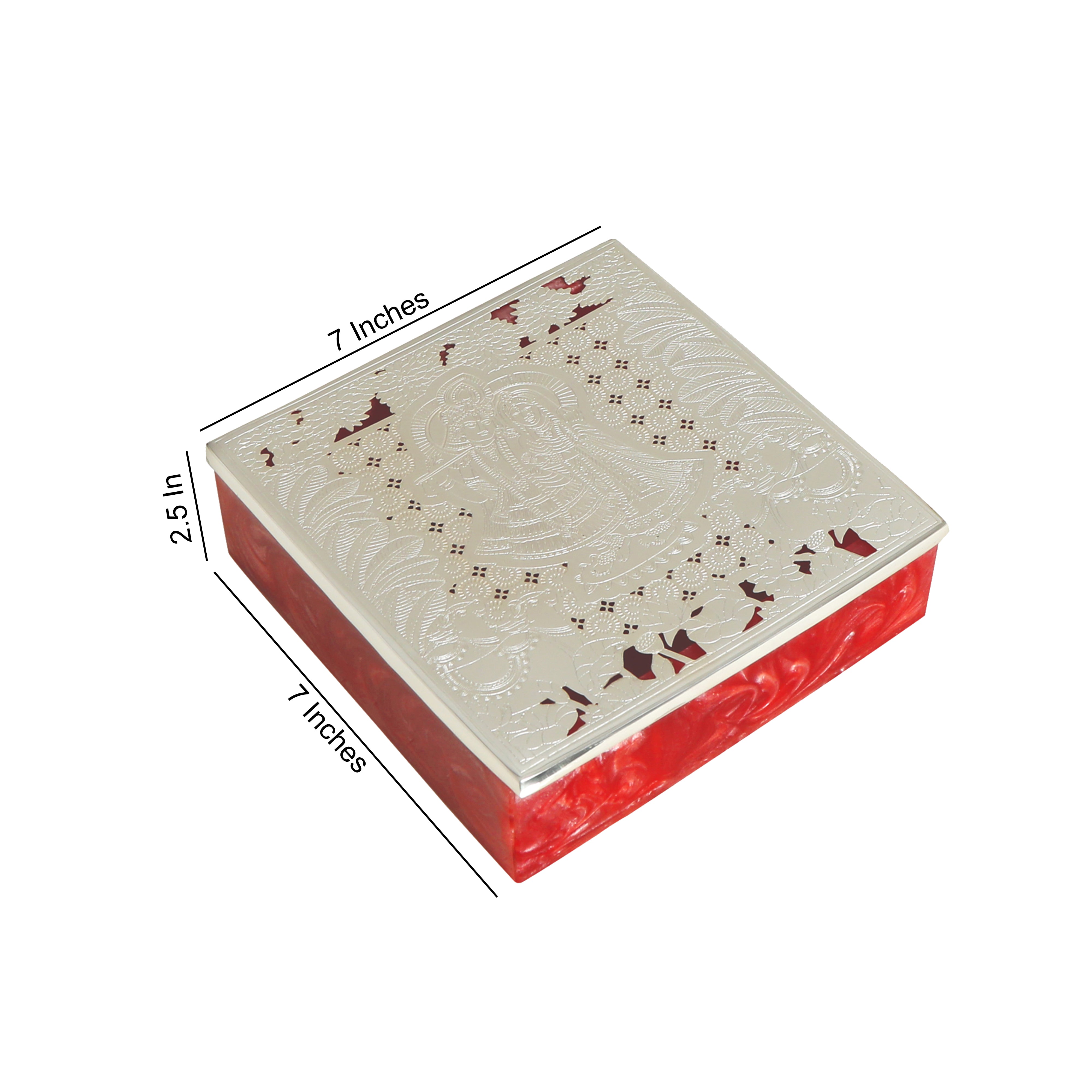 Resin Box With Brass Silver Plated Radha Krishna Design Cut Lid