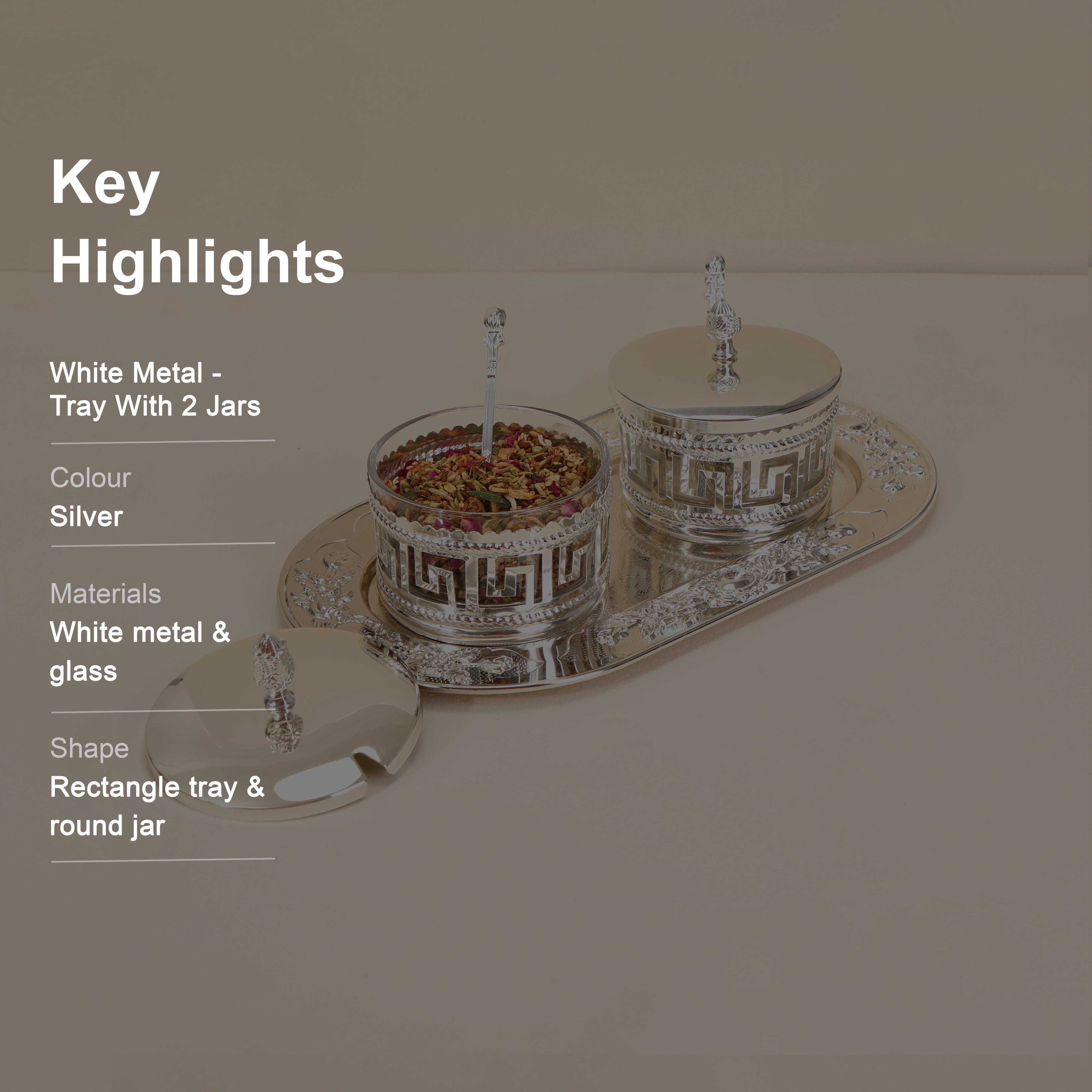 White Metal Tray With 2 Jars
