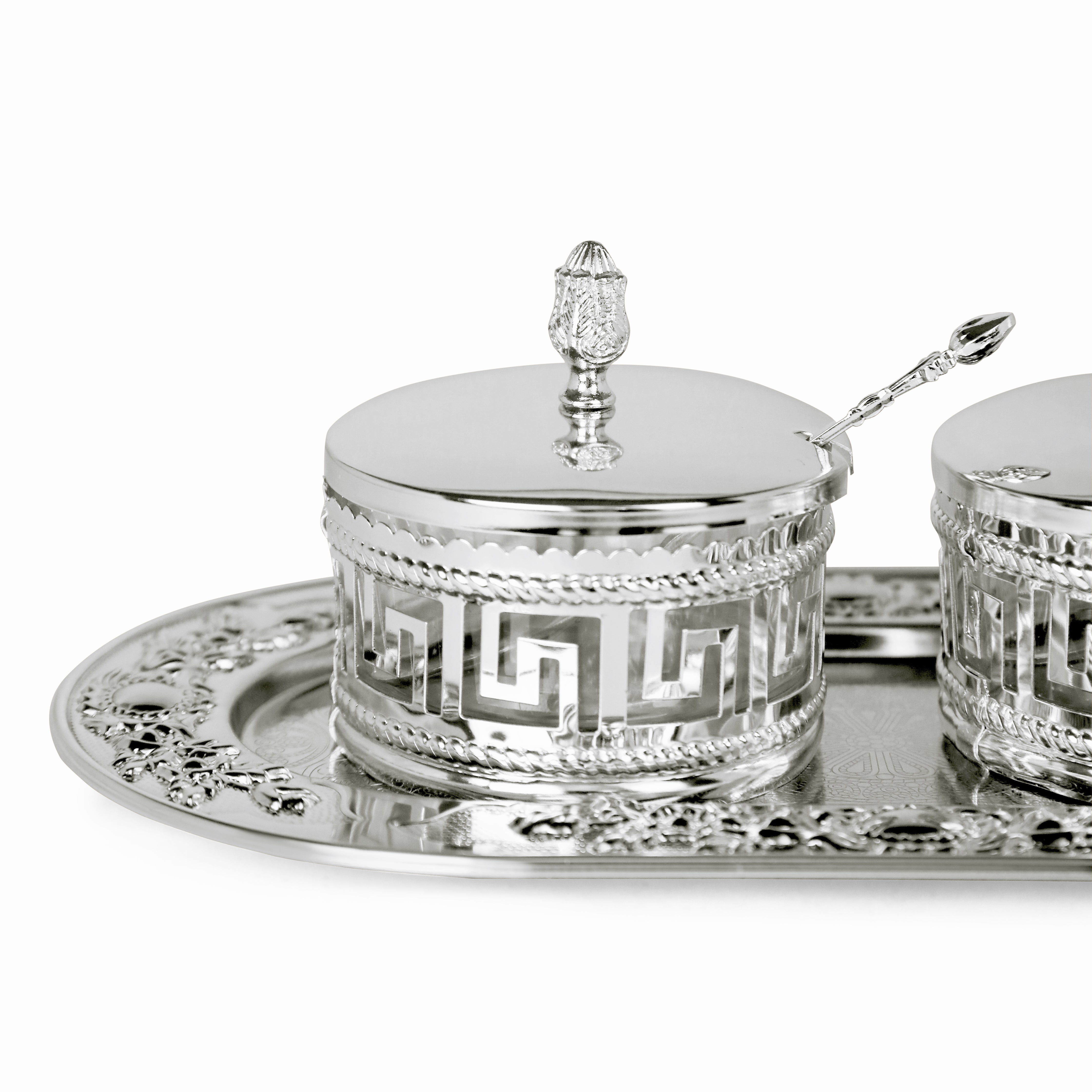 White Metal Tray With 2 Jars