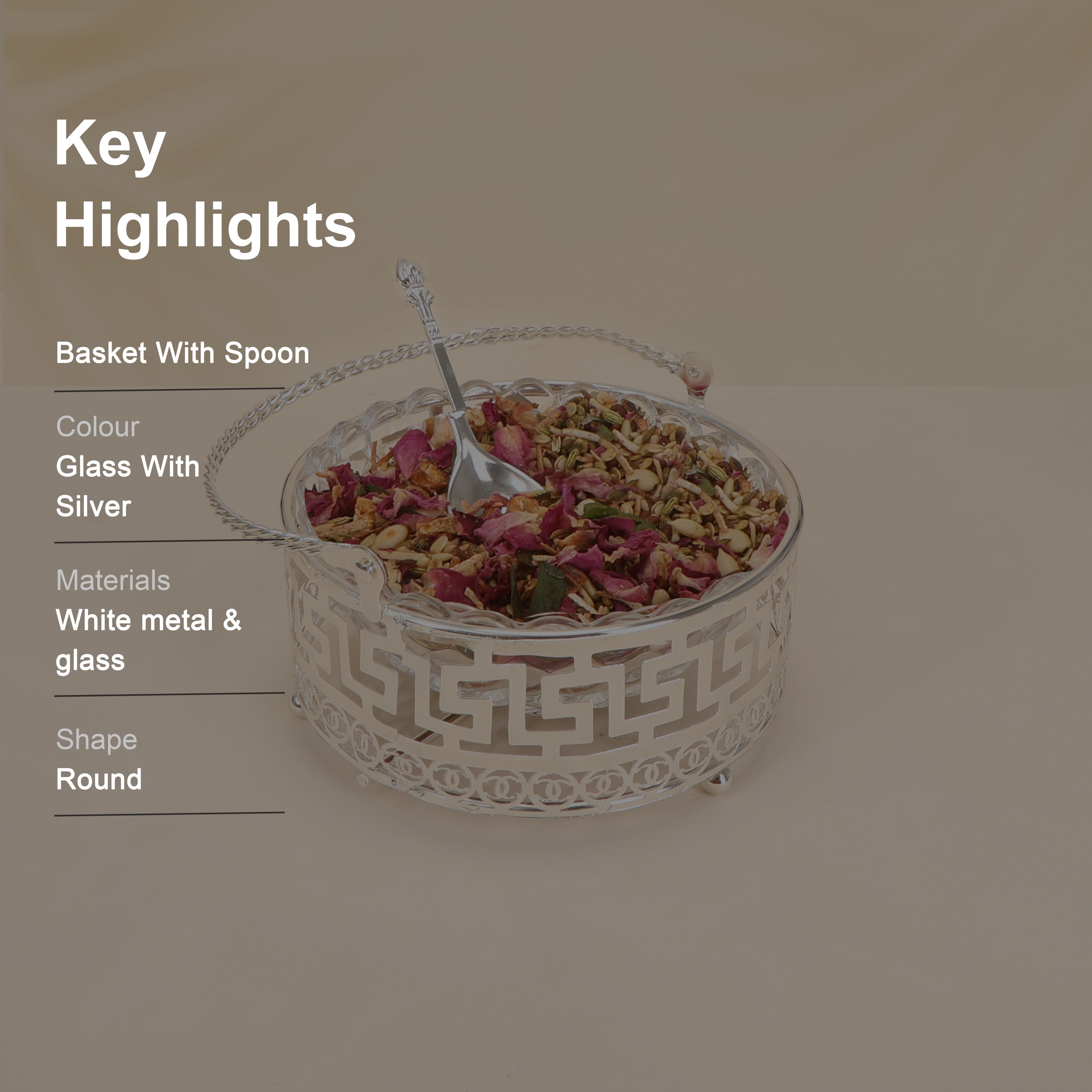 Basket with Spoon - White Metal