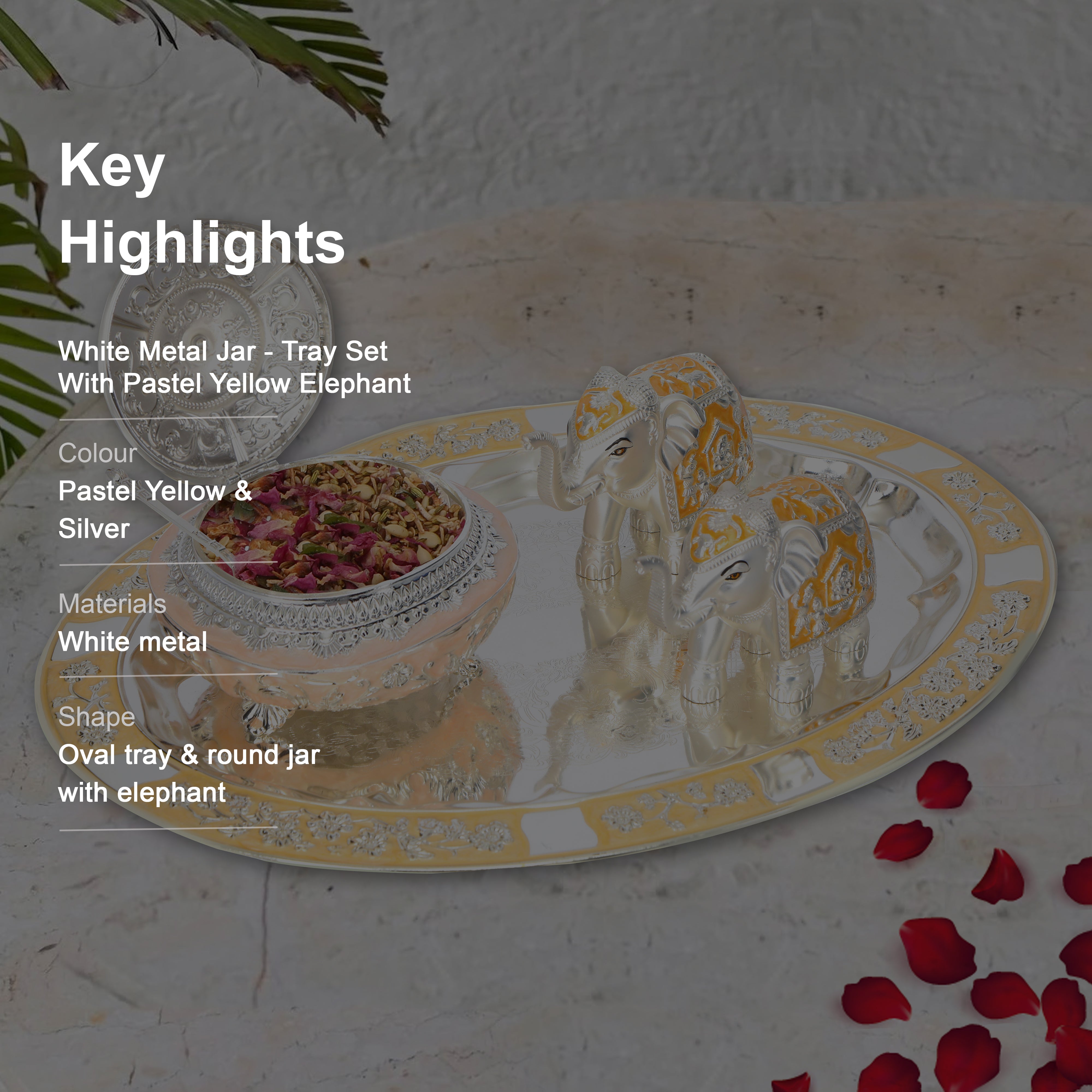 White Metal Tray With 2 Pastel Yellow Elephant & 1 Jar Set