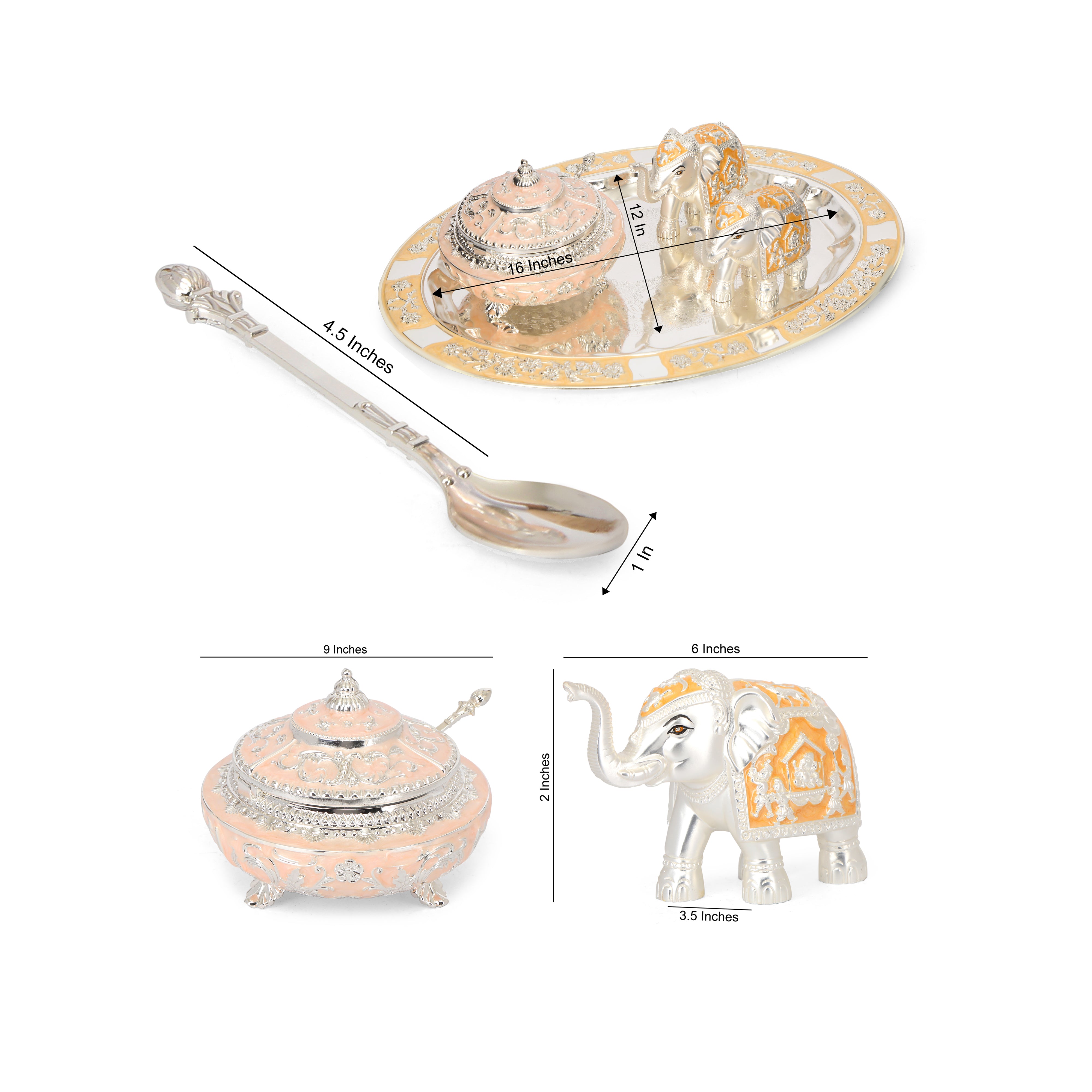 White Metal Tray With 2 Pastel Yellow Elephant & 1 Jar Set