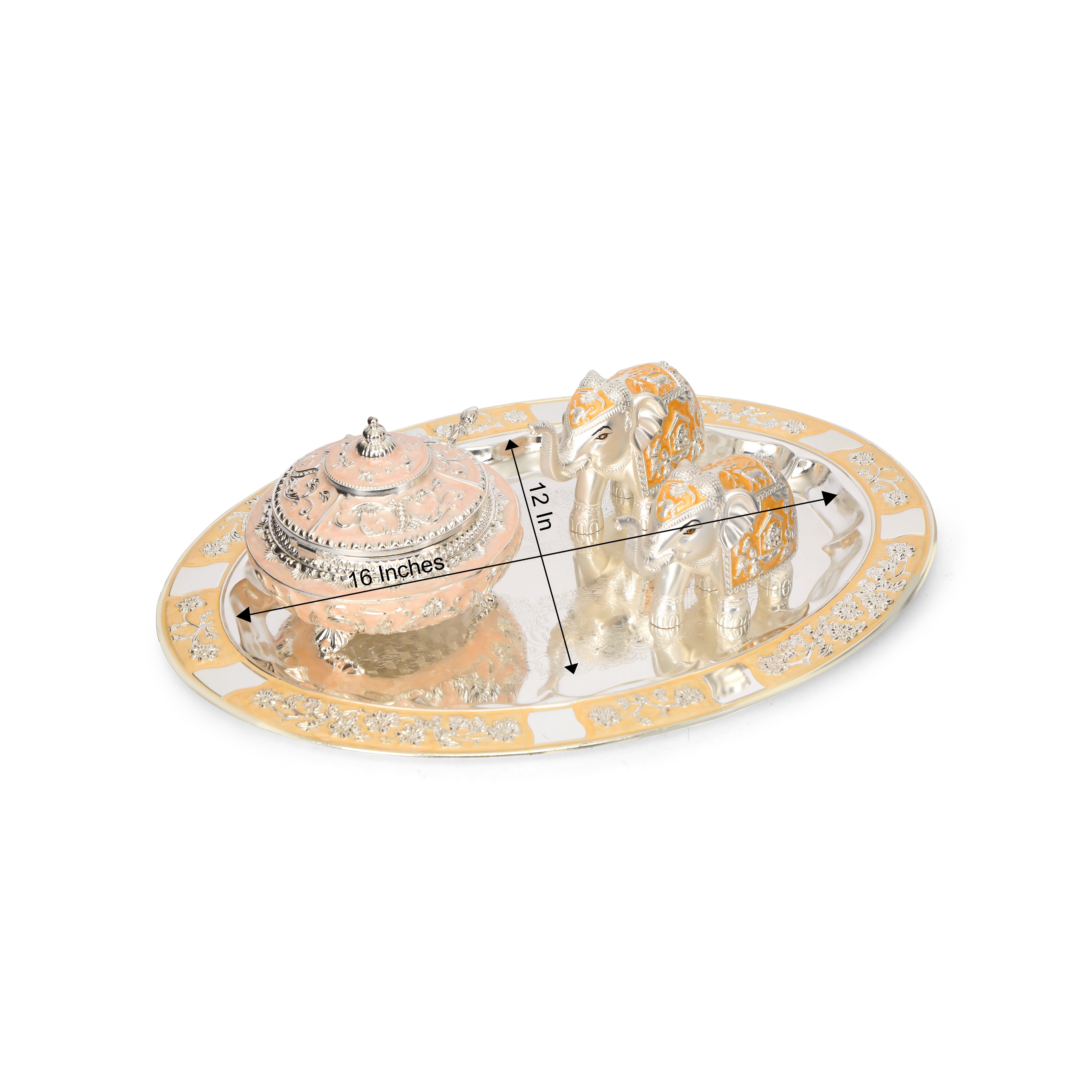 White Metal Tray With 2 Pastel Yellow Elephant & 1 Jar Set