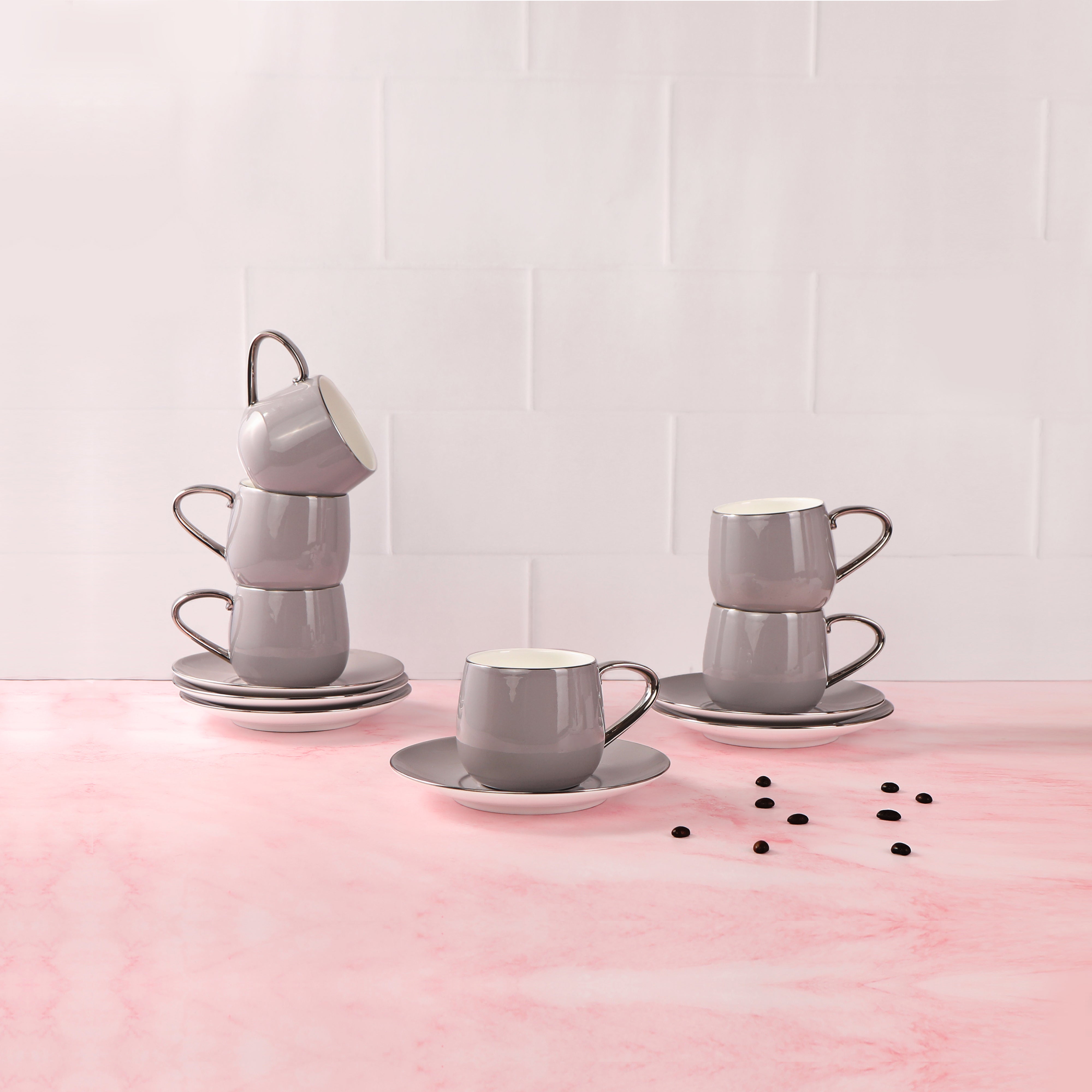 Tea Set - Grey With Silver Rim