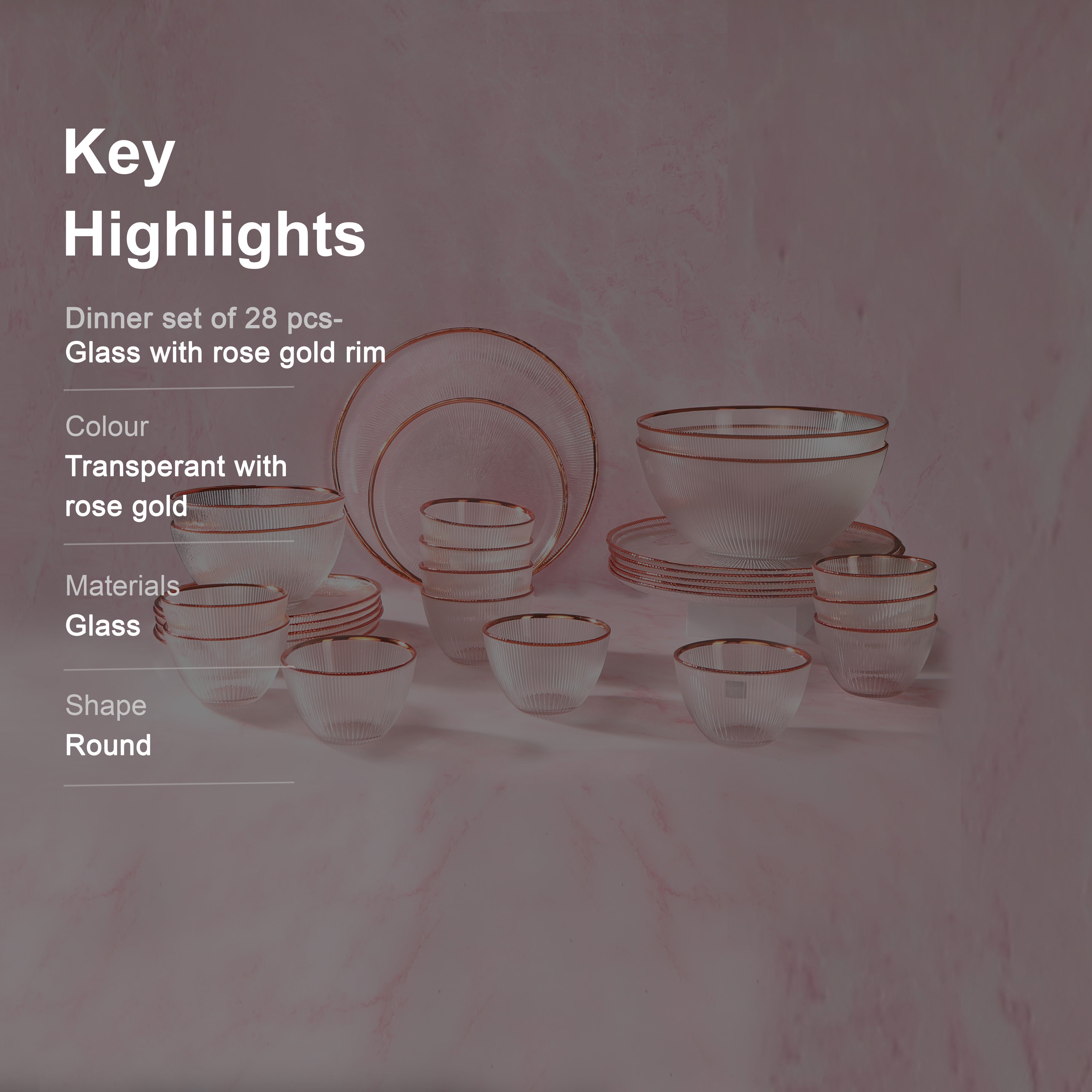 Dinner Set Of 28 Pcs - Glass With Rose Gold Rim