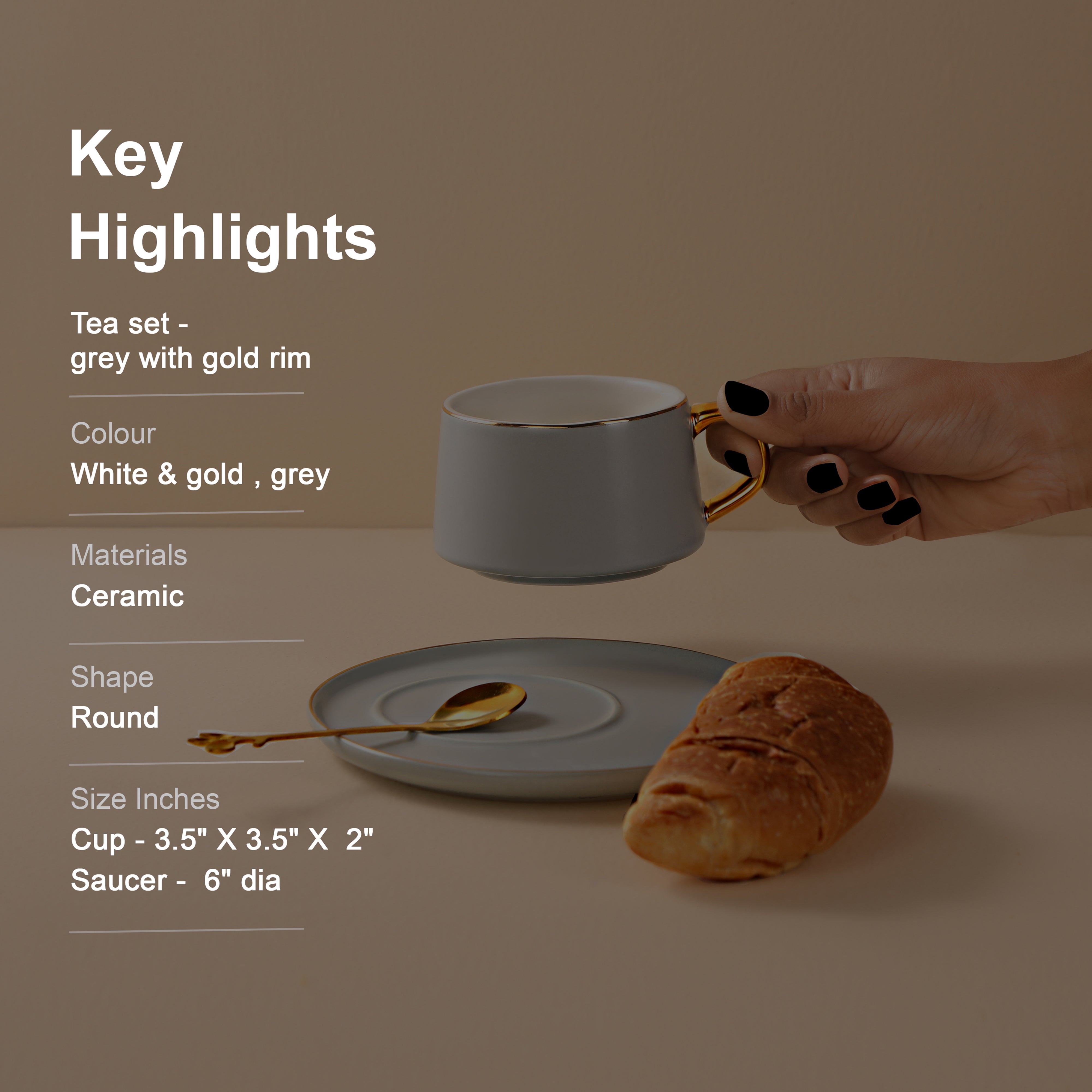 Tea Set - Grey With Gold Rim