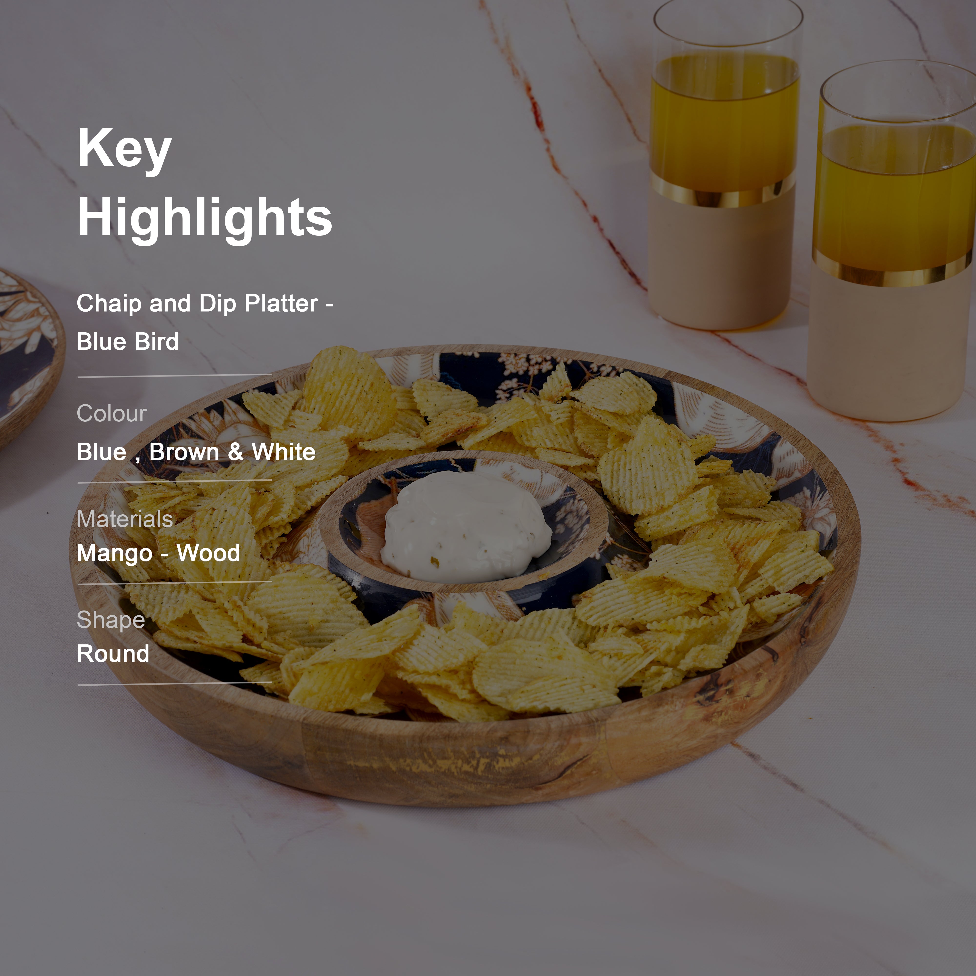 Wooden Round Shape With Blue Bird Print & Enameled Platter