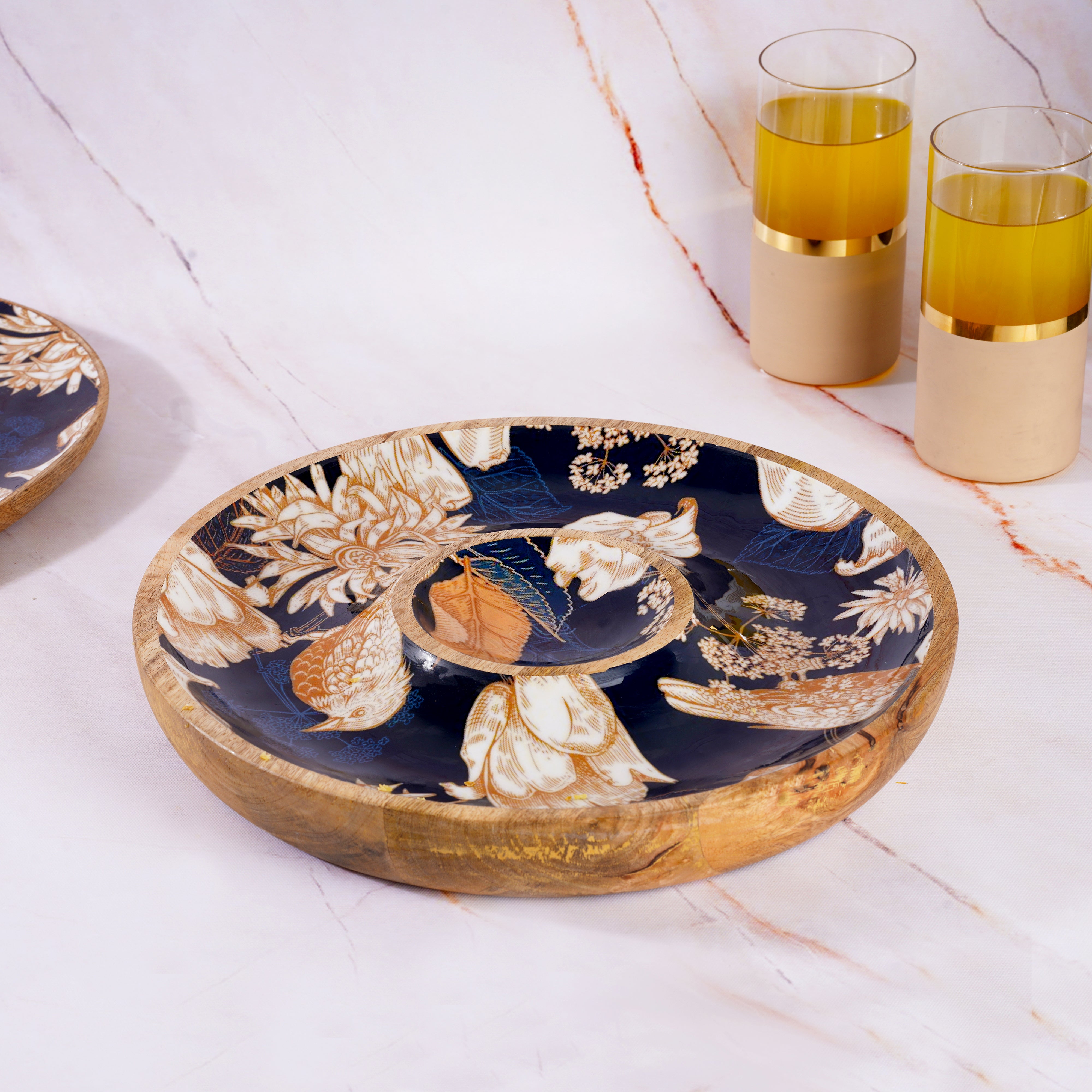 Wooden Round Shape With Blue Bird Print & Enameled Platter