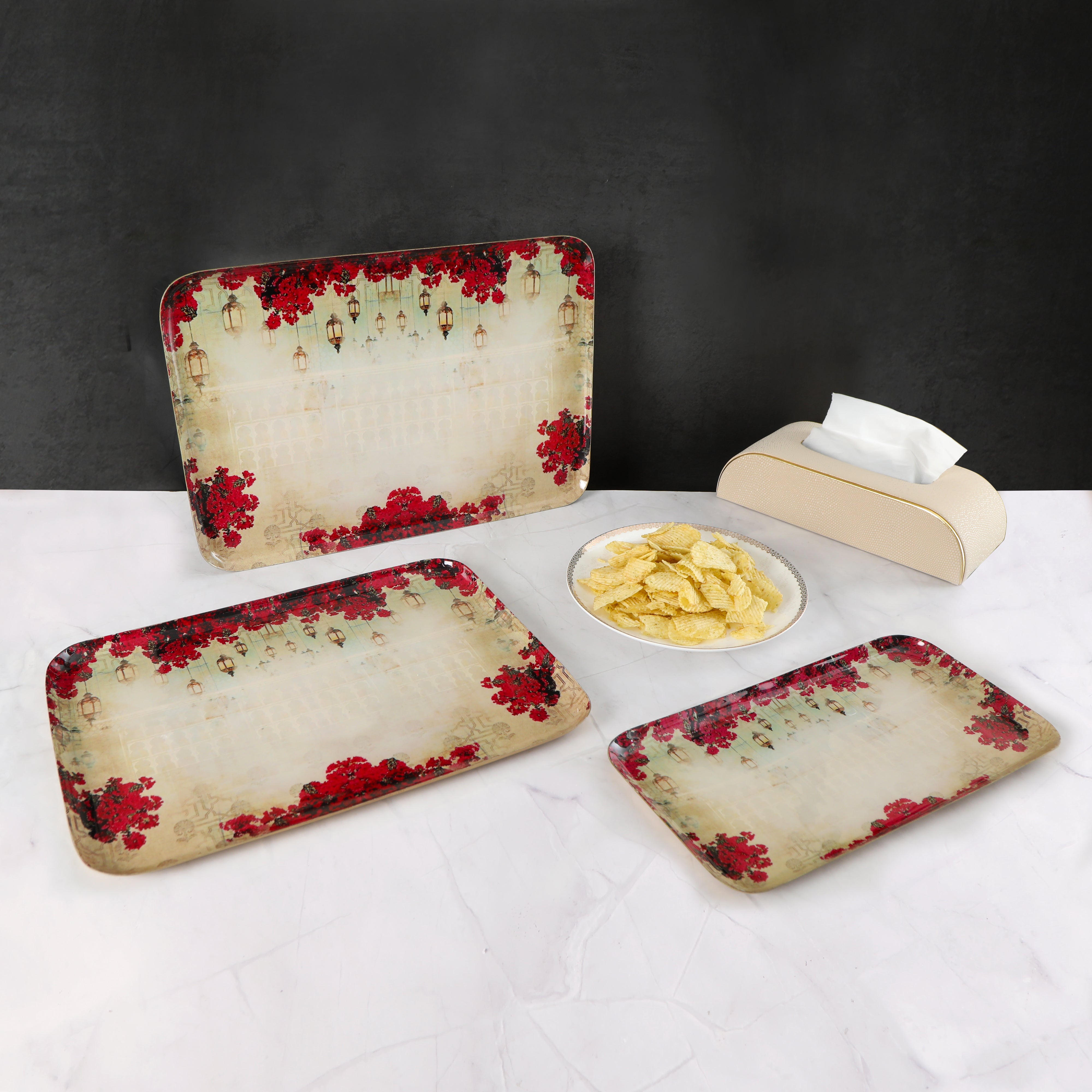 Aluminium Pink Lantern Print & Enameled Rectangle Platter Set of 3