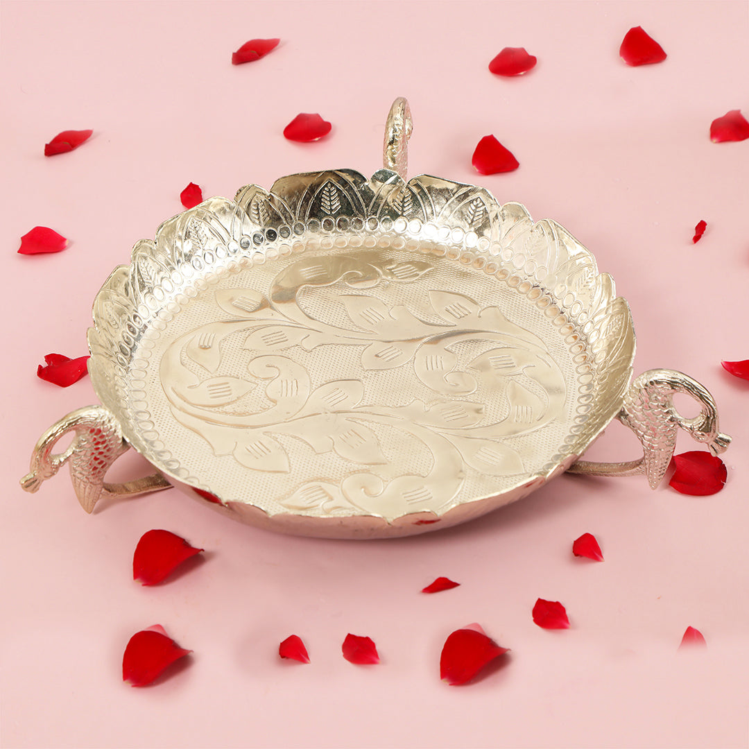 Silver Plated Aluminium Thal Platter With Peacock Legs - Large