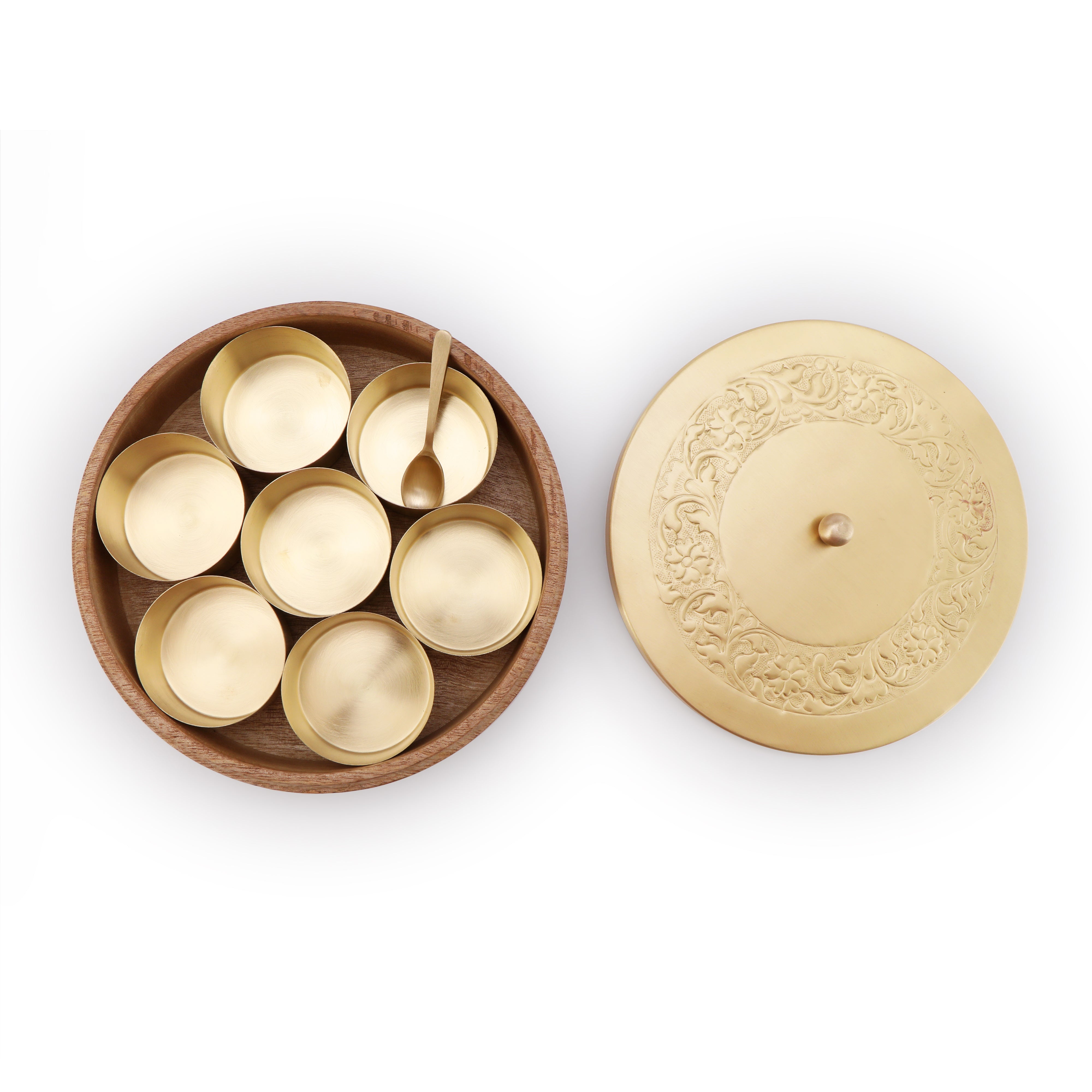 Masala Box - Brass Lid With Wooden Base