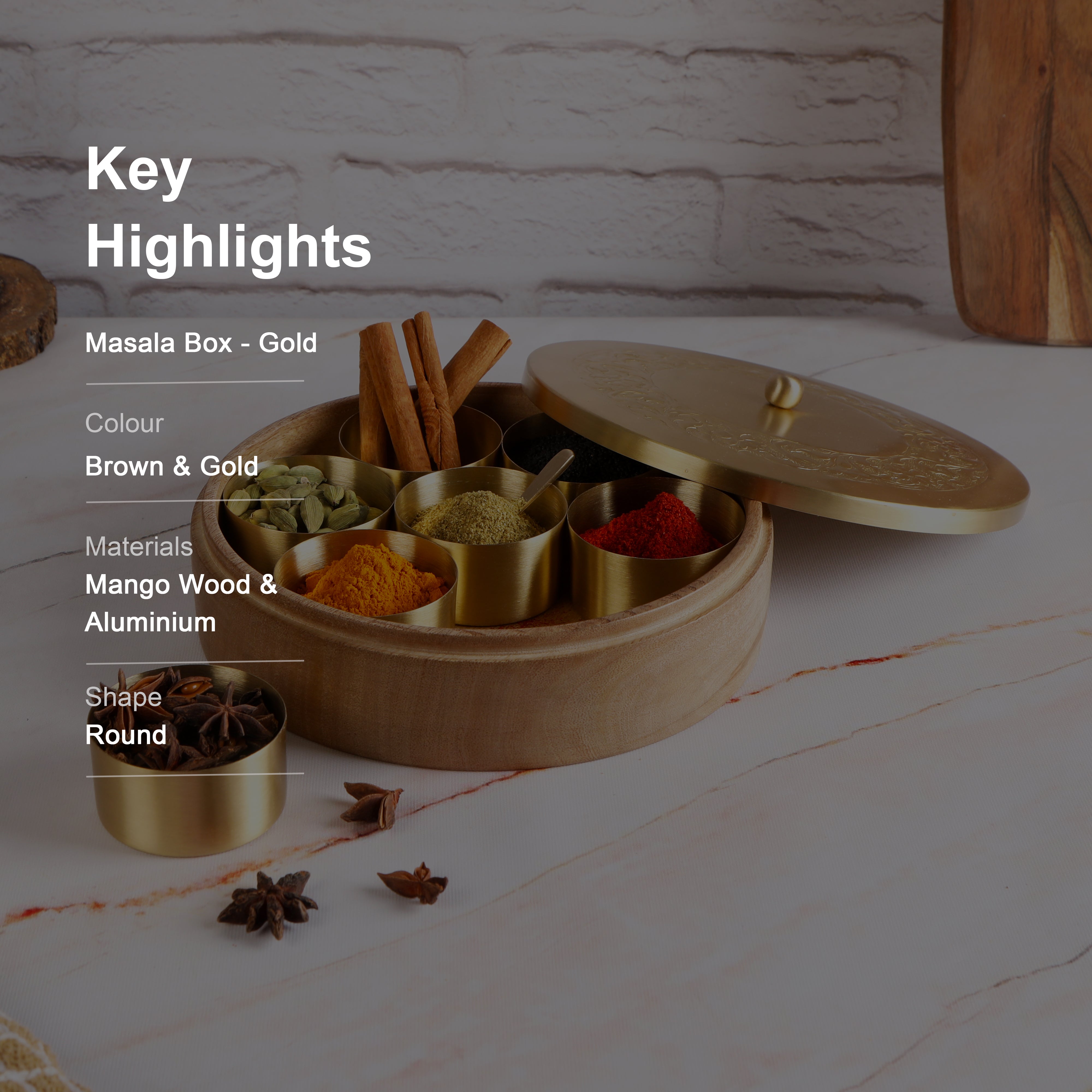 Masala Box - Brass Lid With Wooden Base