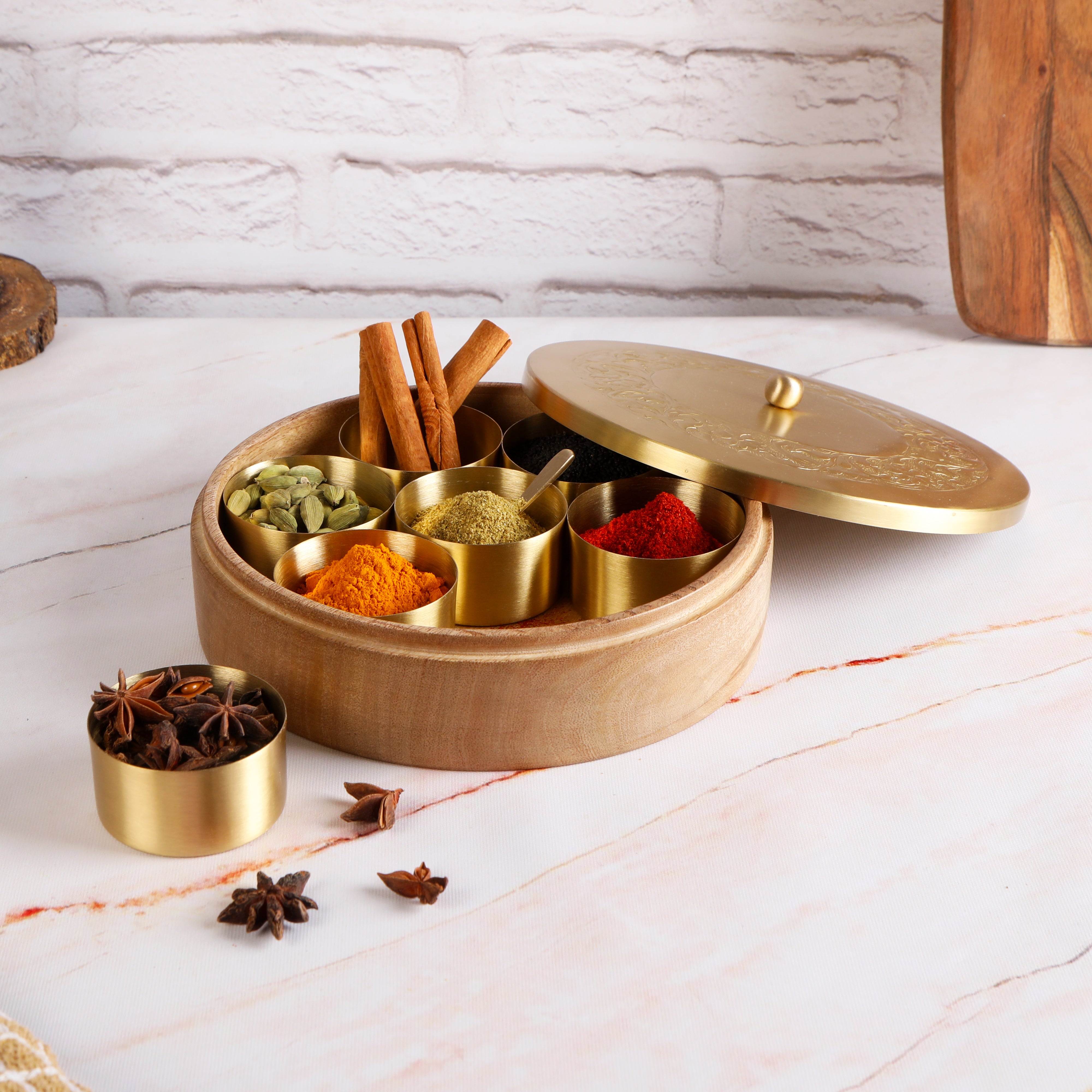 Masala Box - Brass Lid With Wooden Base