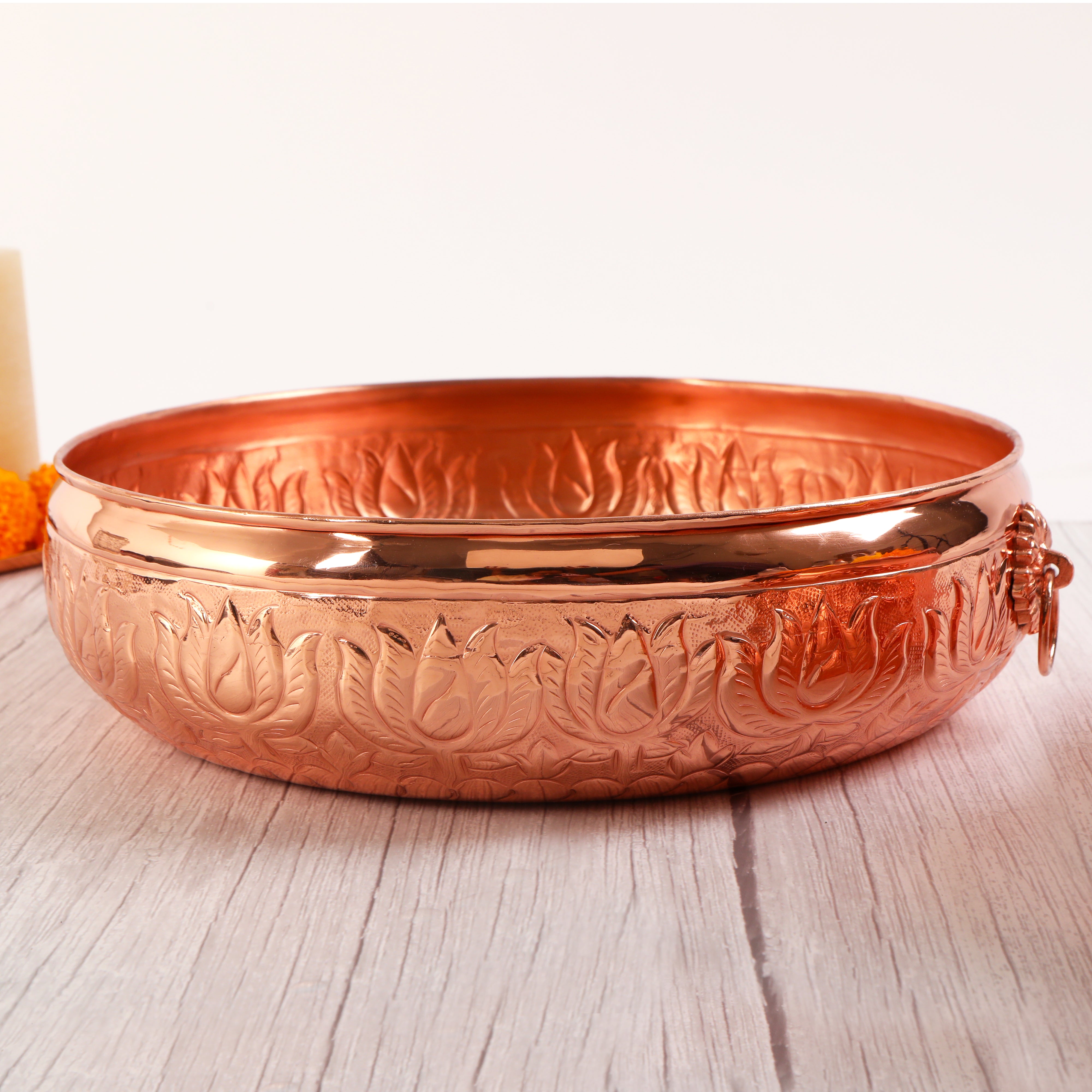 Brass Copper Plated Lotus Etched Urli - Large