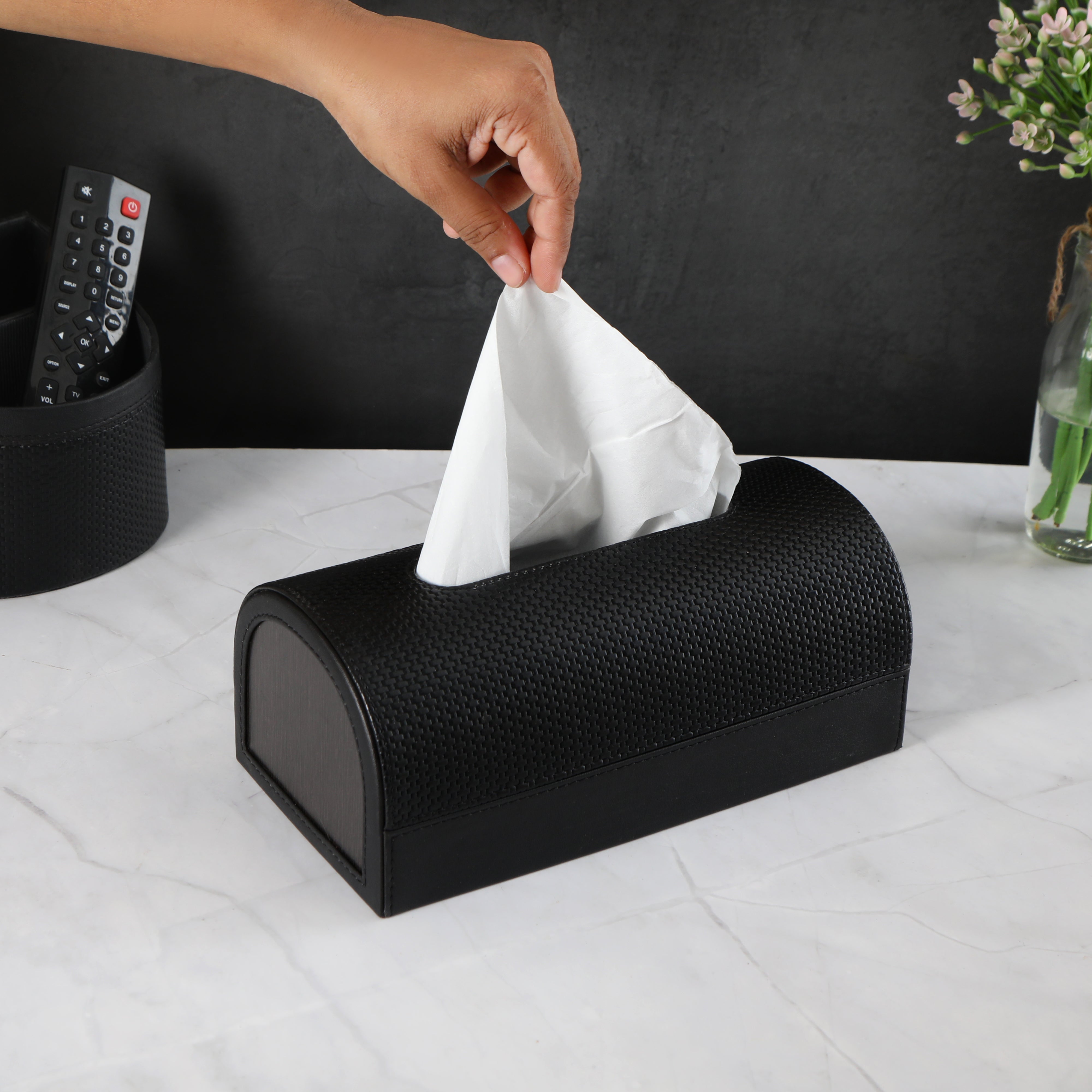 Dome Tissue Box - Black Leatherette