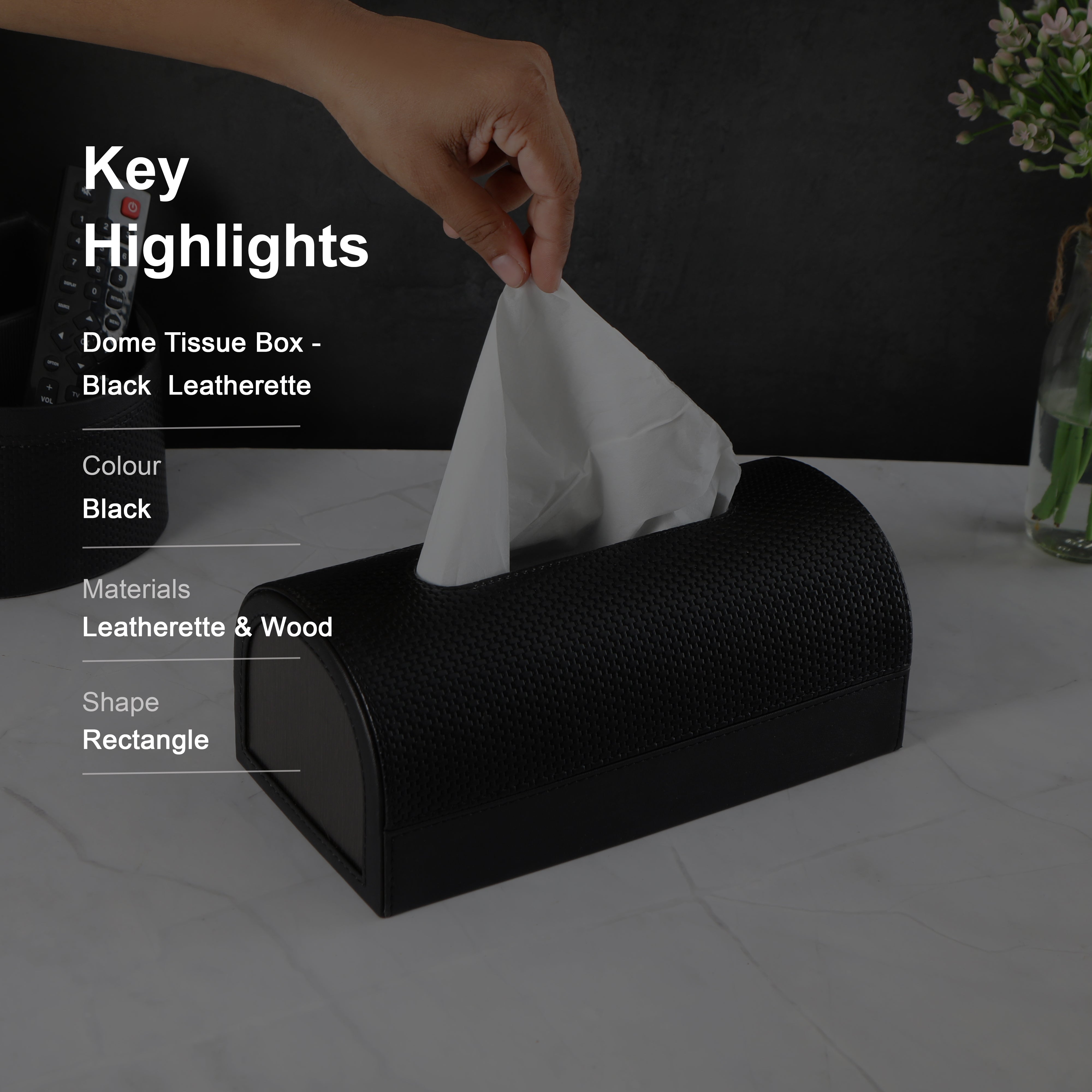 Dome Tissue Box - Black Leatherette