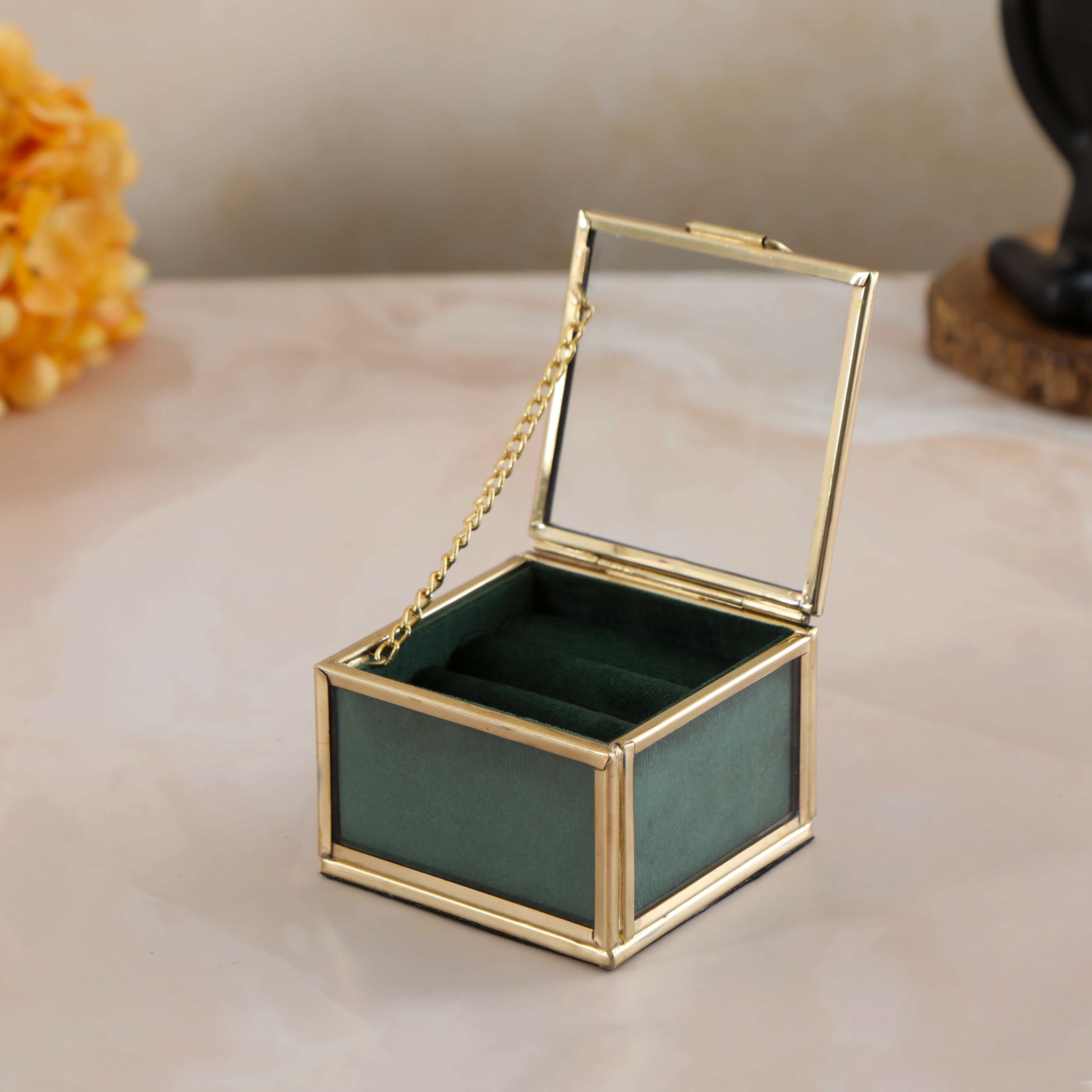 Glass & Metal Ring Box - Green