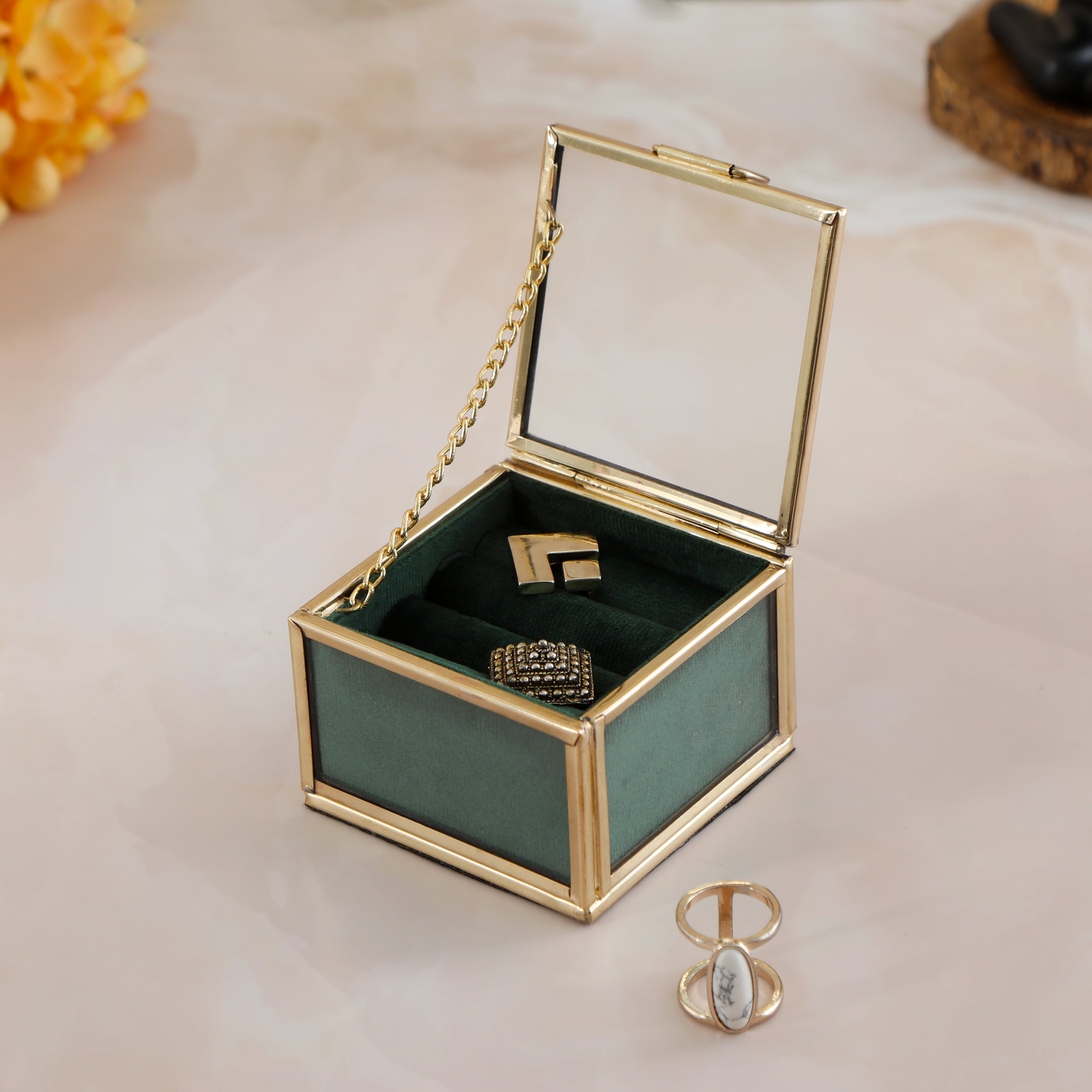 Glass & Metal Ring Box - Green