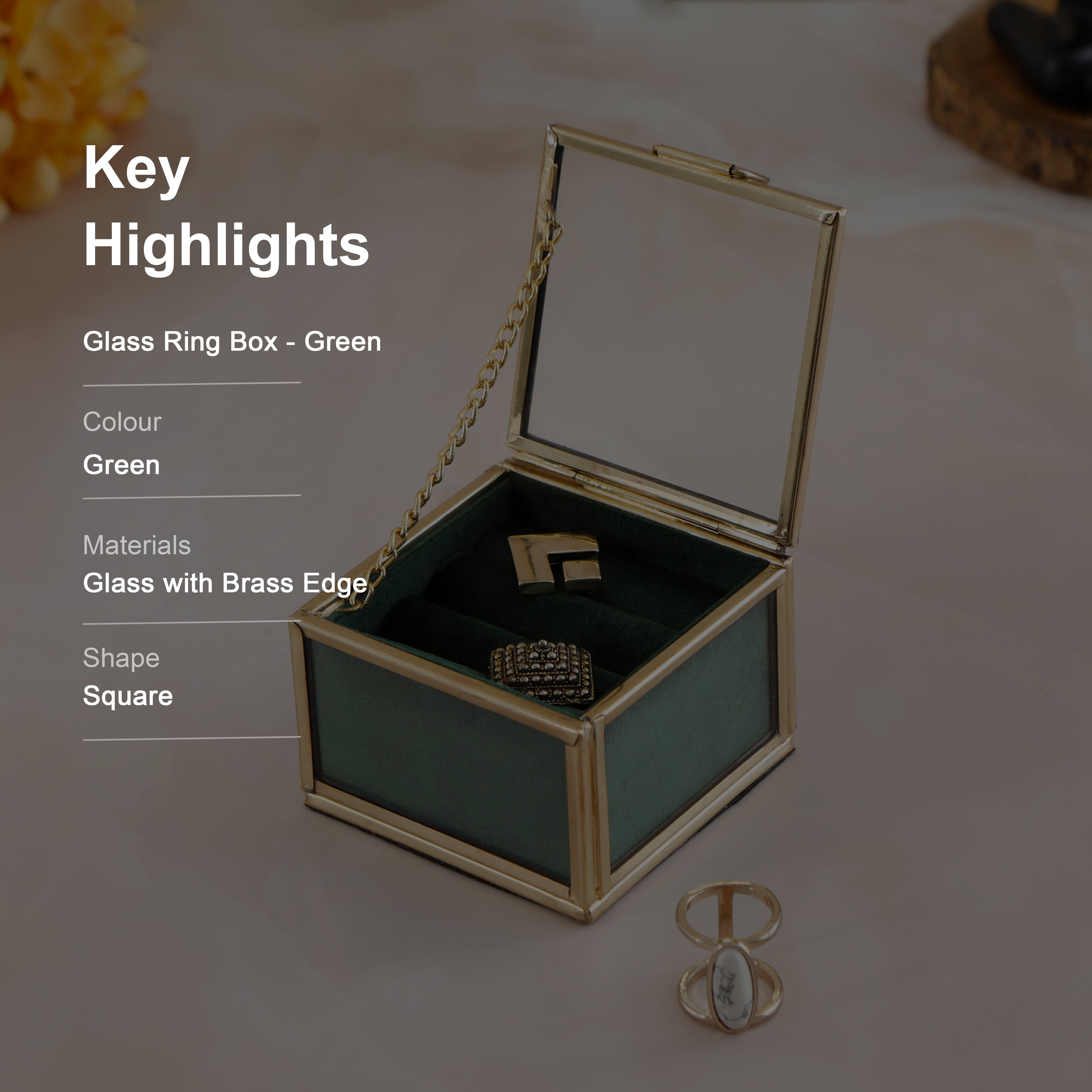 Glass & Metal Ring Box - Green