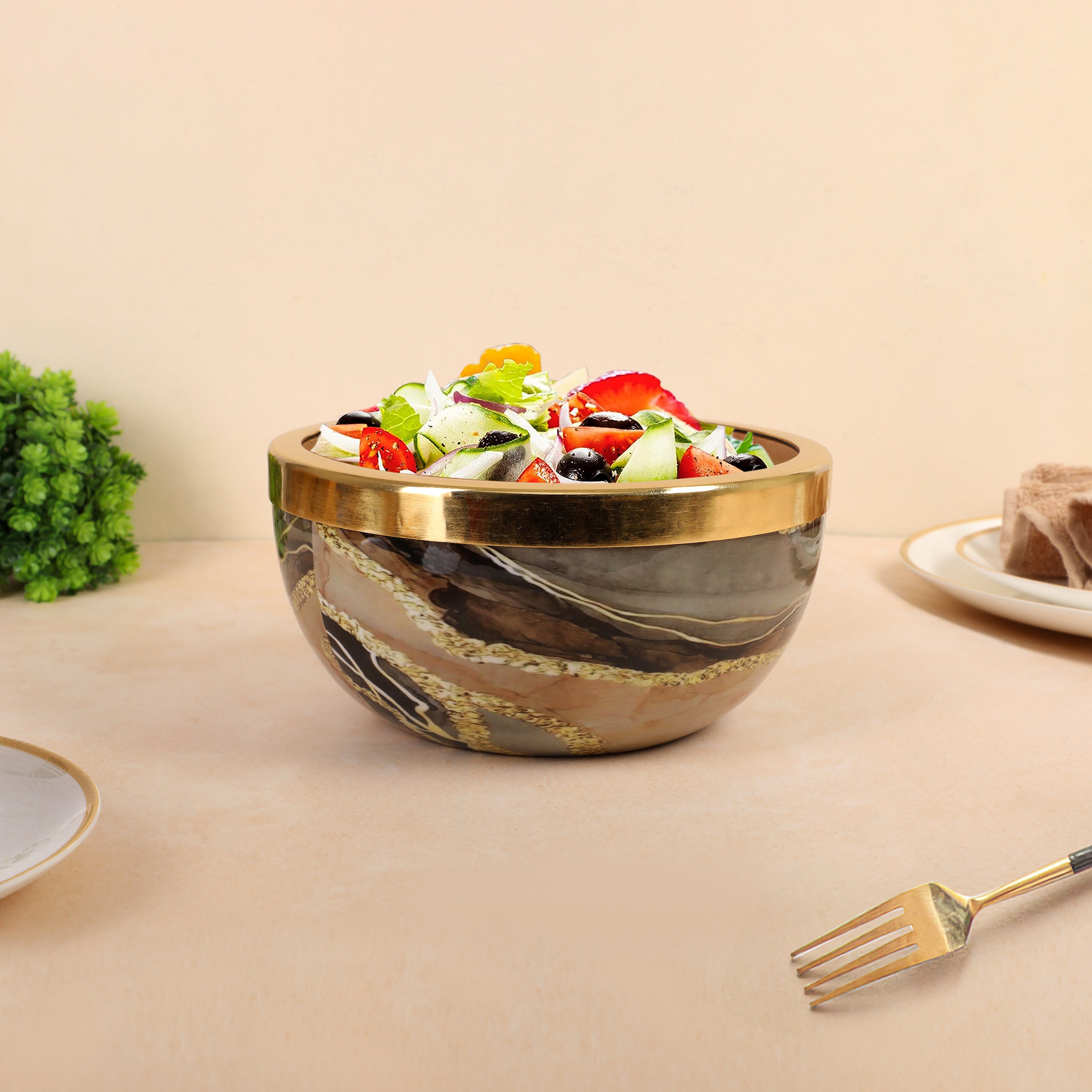 Wooden & Brown Marble Print & Enamel With Gold Metal Rim Salad Bowl
