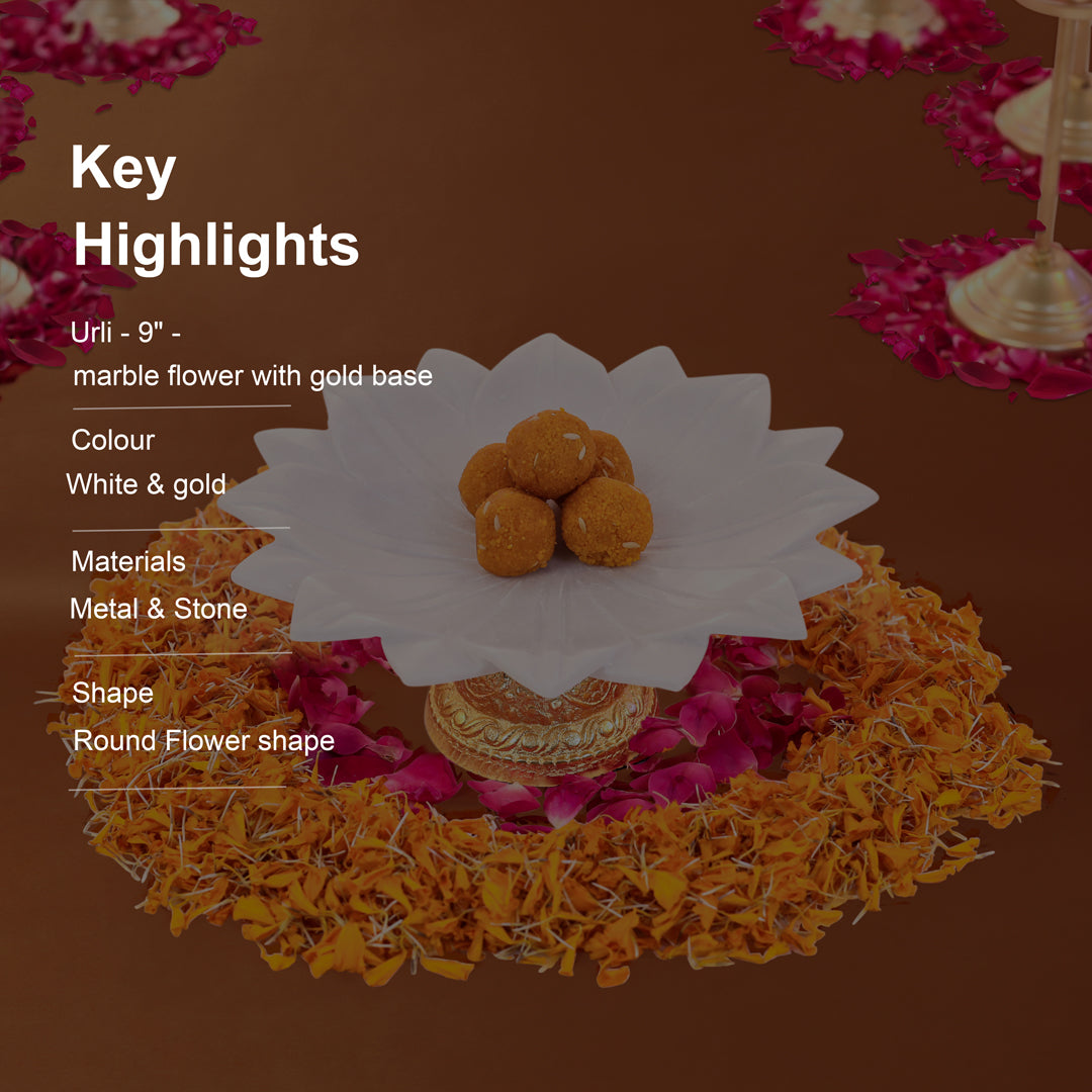 4" Marble Flower With Gold Metal Base Urli - Small