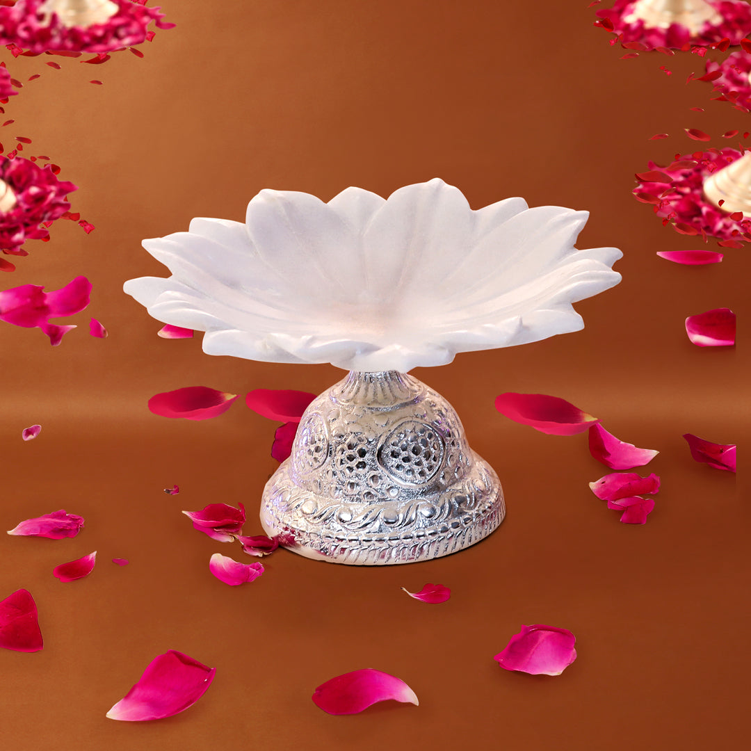 12" Marble Flower With Silver Metal Base Urli - Large