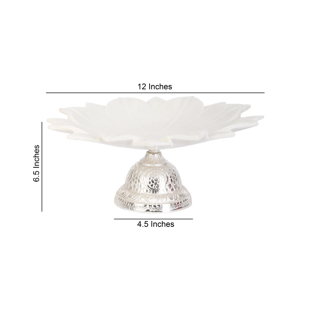 12" Marble Flower With Silver Metal Base Urli - Large