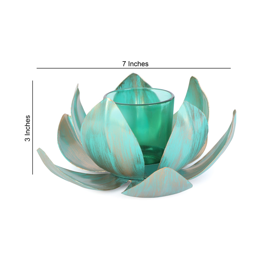 Tea Light Holders - Metal Gold & Blue Foil Lotus