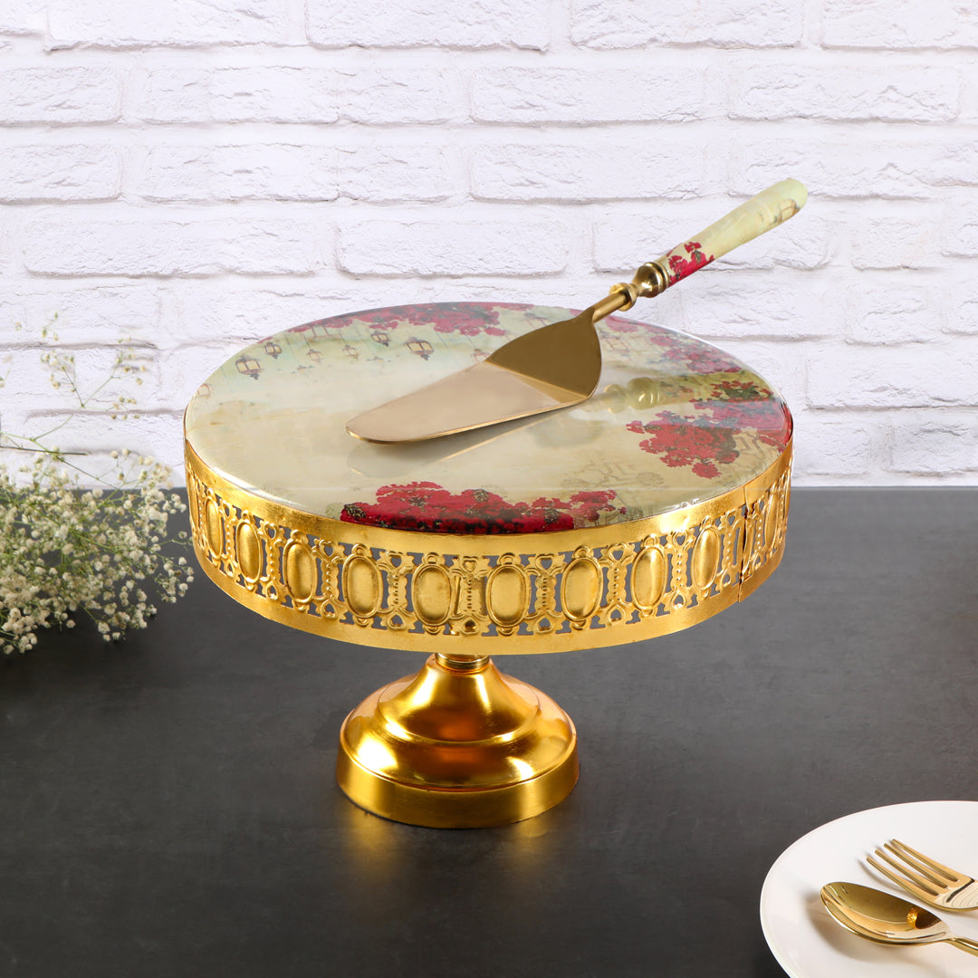 Metal Pink Lantern Print & Enamel Cake Stand With Picker