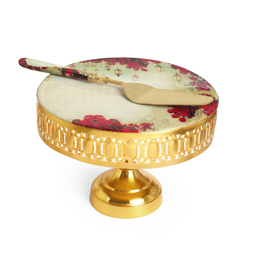 Metal Pink Lantern Print & Enamel Cake Stand With Picker