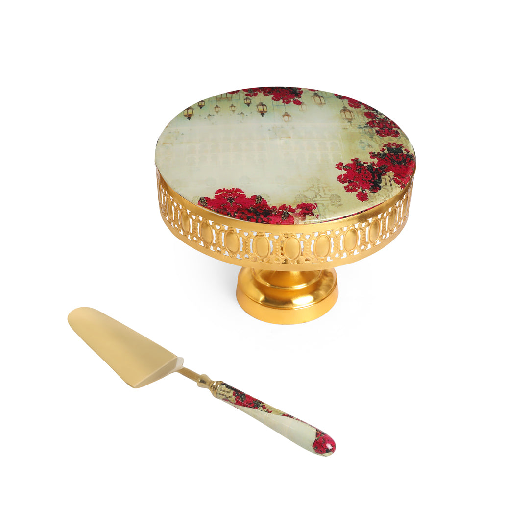 Metal Pink Lantern Print & Enamel Cake Stand With Picker
