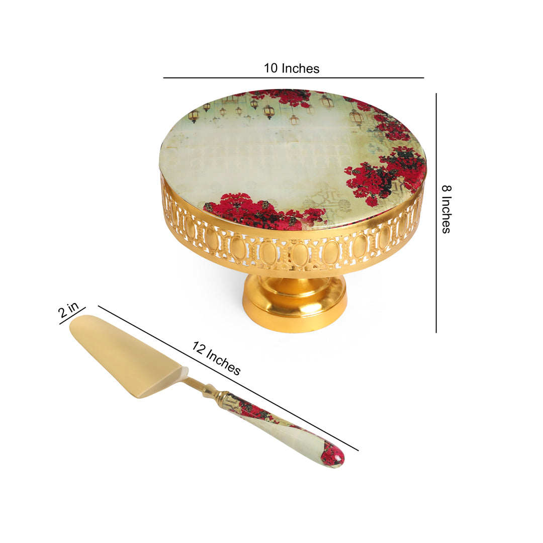 Metal Pink Lantern Print & Enamel Cake Stand With Picker