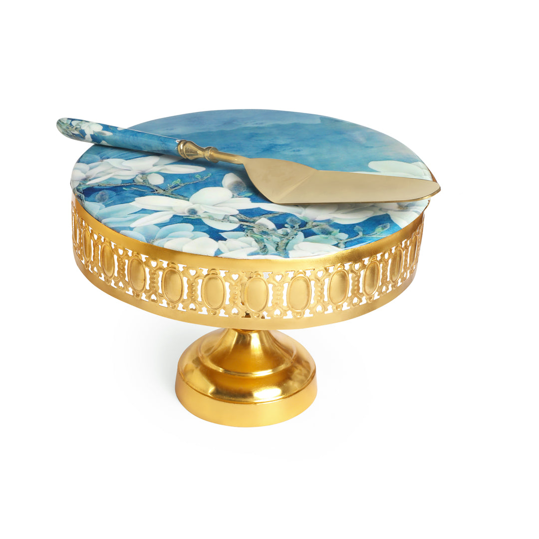 Metal Blue White Floral Print & Enamel Cake Stand With Picker