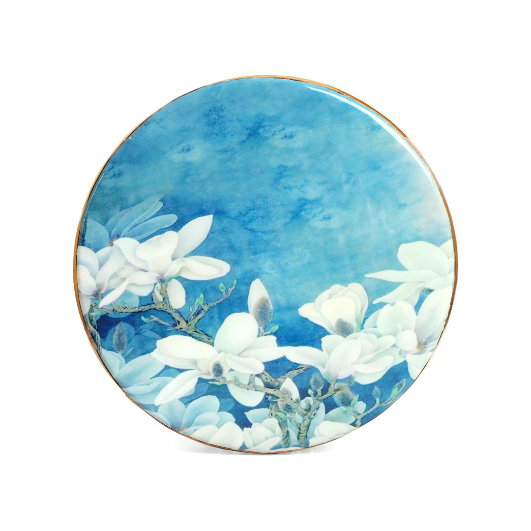 Metal Blue White Floral Print & Enamel Cake Stand With Picker