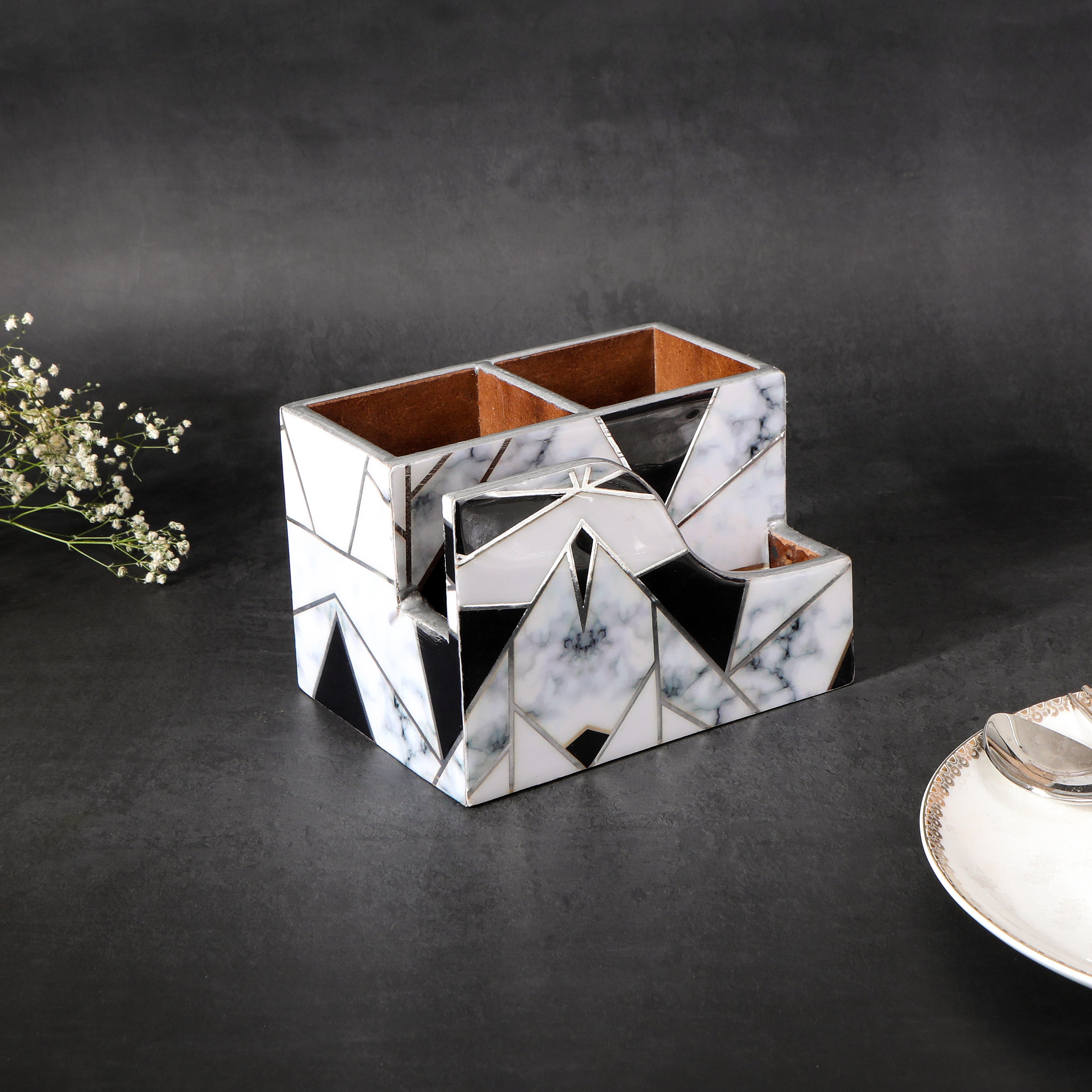 Small Cutlery Tissue Holder - Grey White Triangle