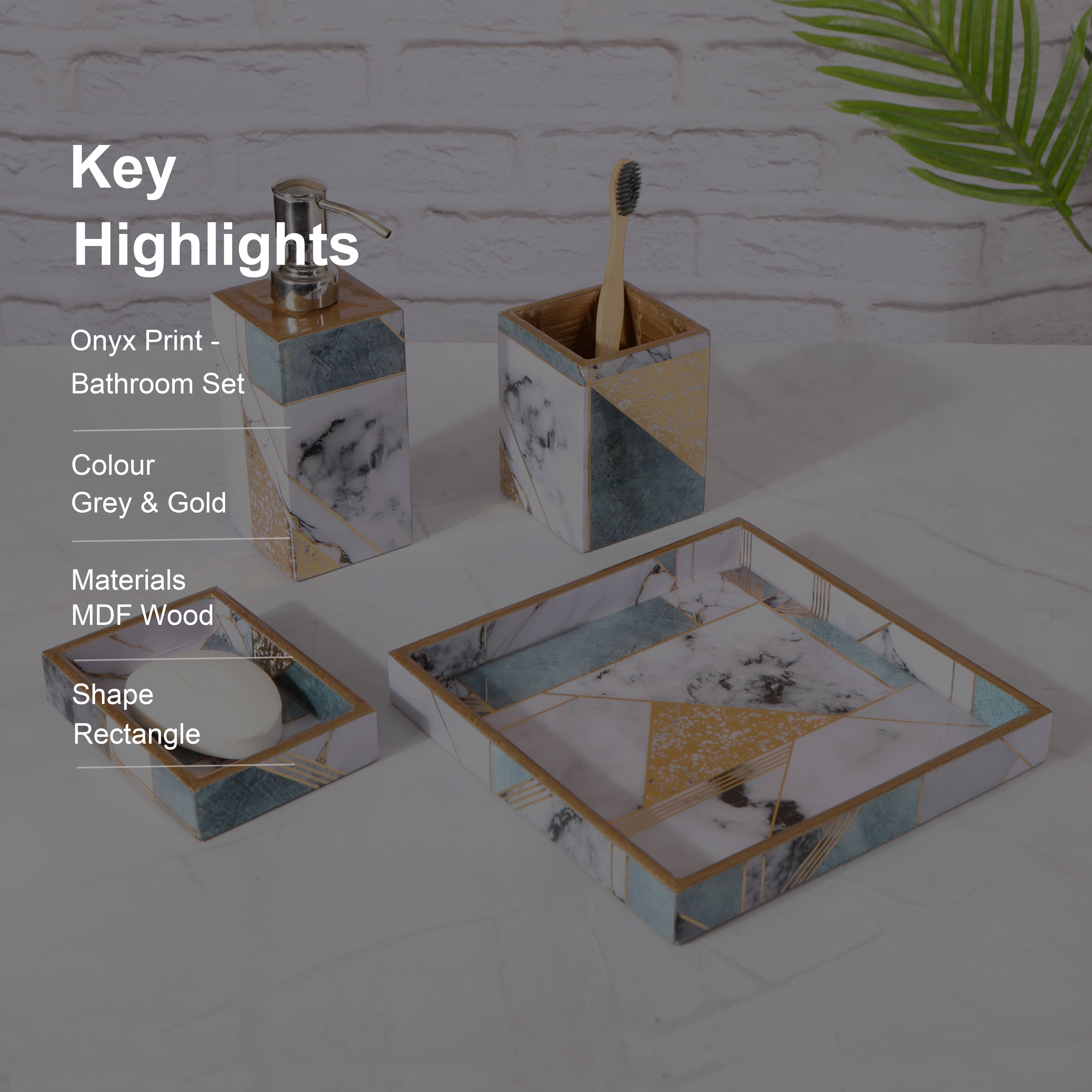 New Onyx Print Enameled Wooden Bathroom Set of 4