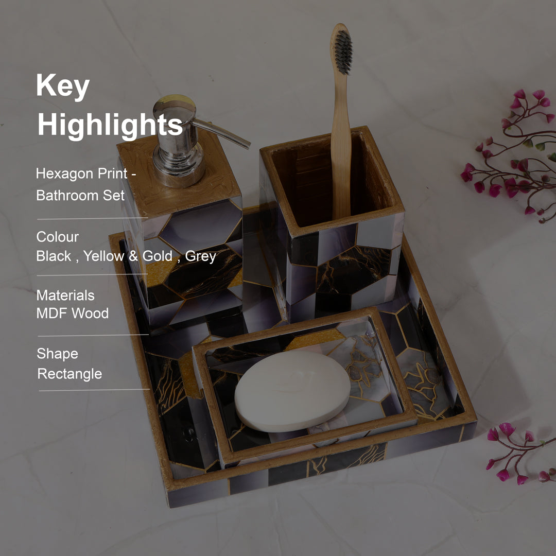 Black Hexagon Abstract Print Enameled Wooden Bathroom Set of 4