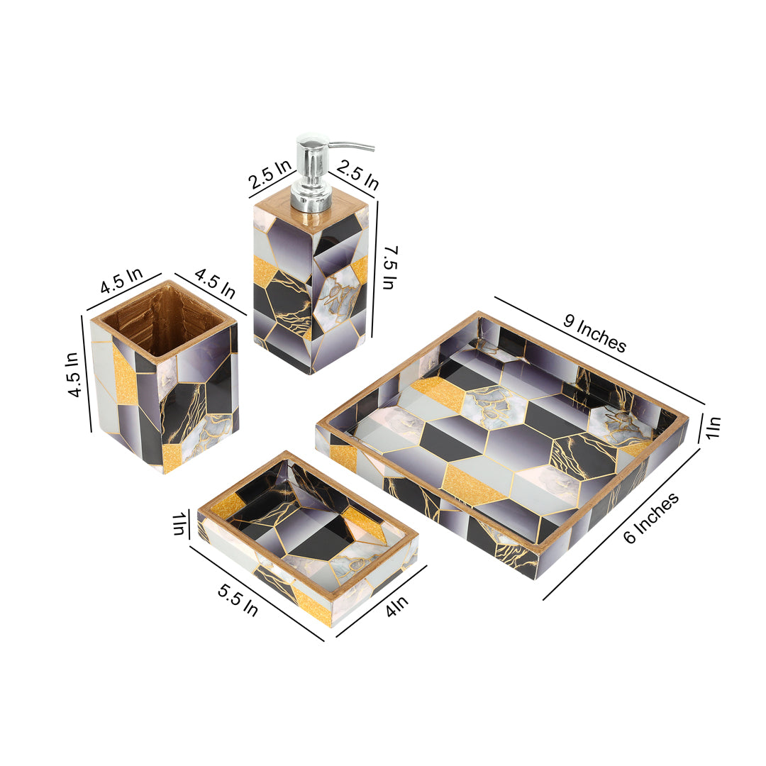 Black Hexagon Abstract Print Enameled Wooden Bathroom Set of 4