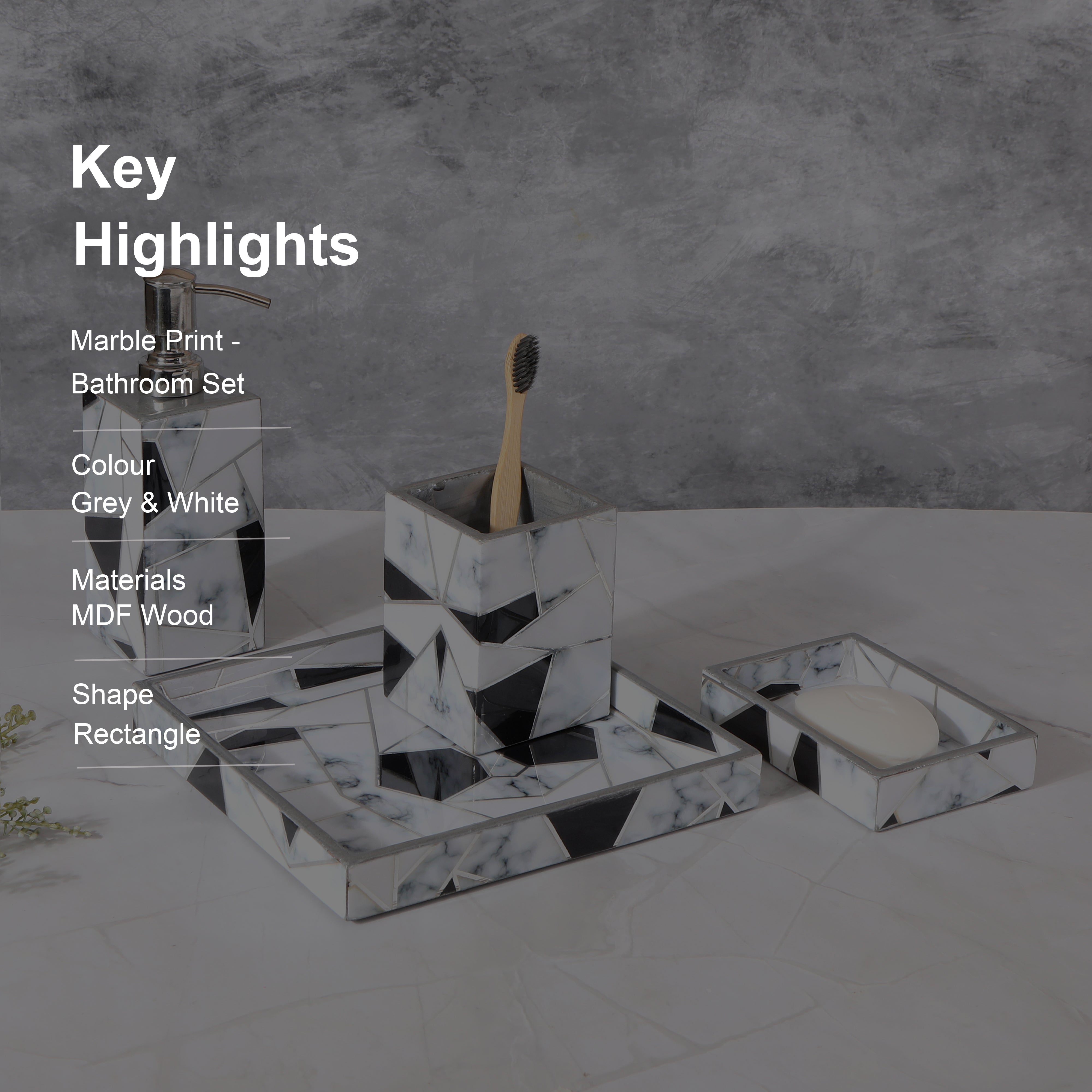 Grey White Triangle Abstract Print Enameled Wooden Bathroom Set of 4