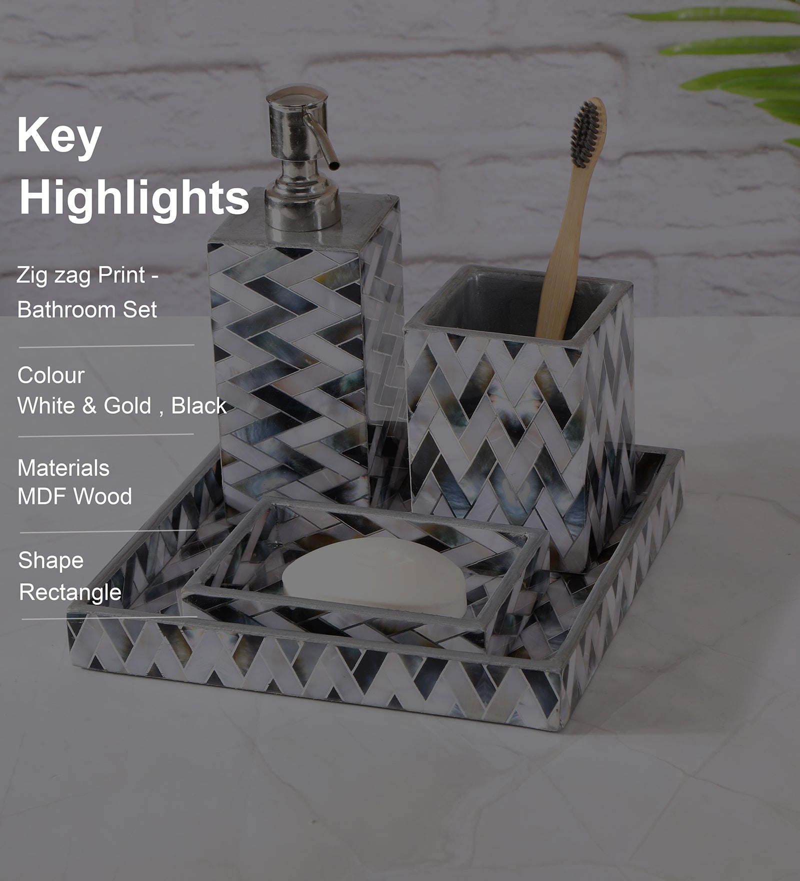 Chevron Print Enameled Wooden Bathroom Set of 4