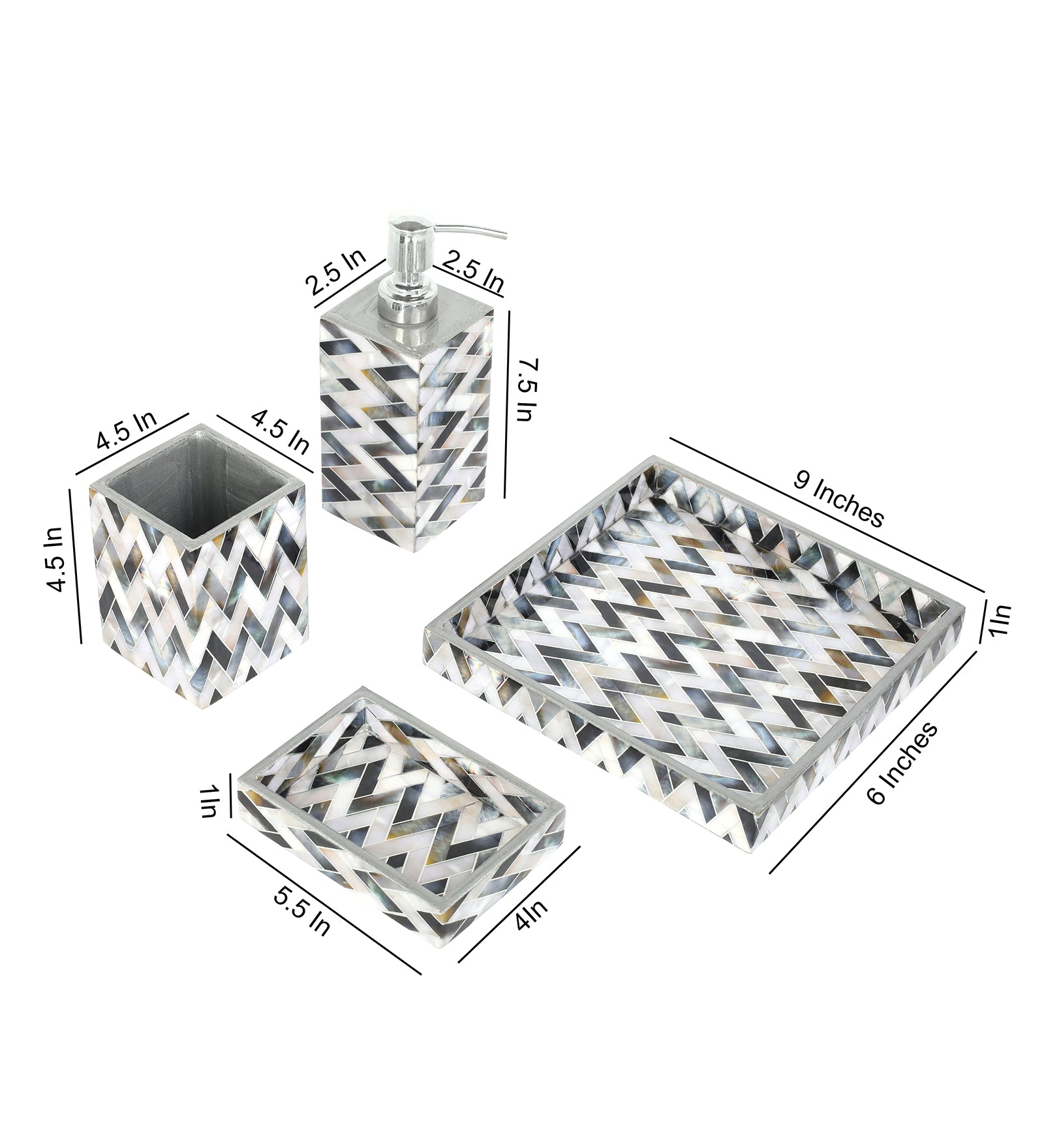 Chevron Print Enameled Wooden Bathroom Set of 4