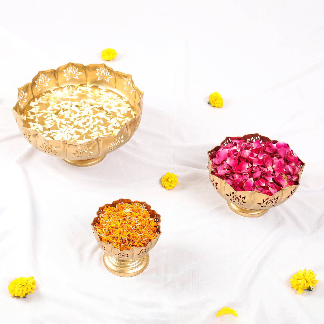 Metal Gold Lotus Cut Urli Set of 3