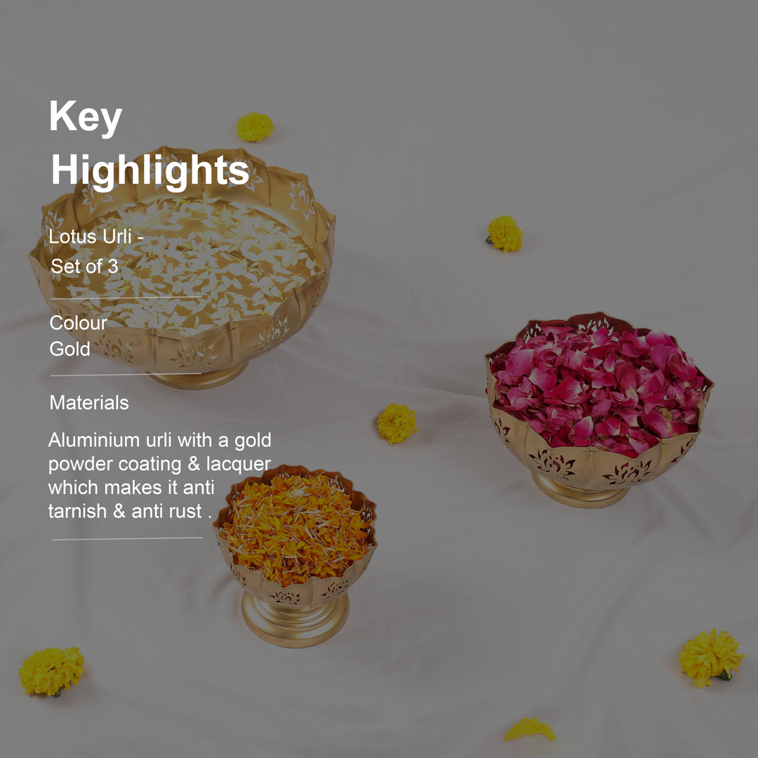 Metal Gold Lotus Cut Urli Set of 3