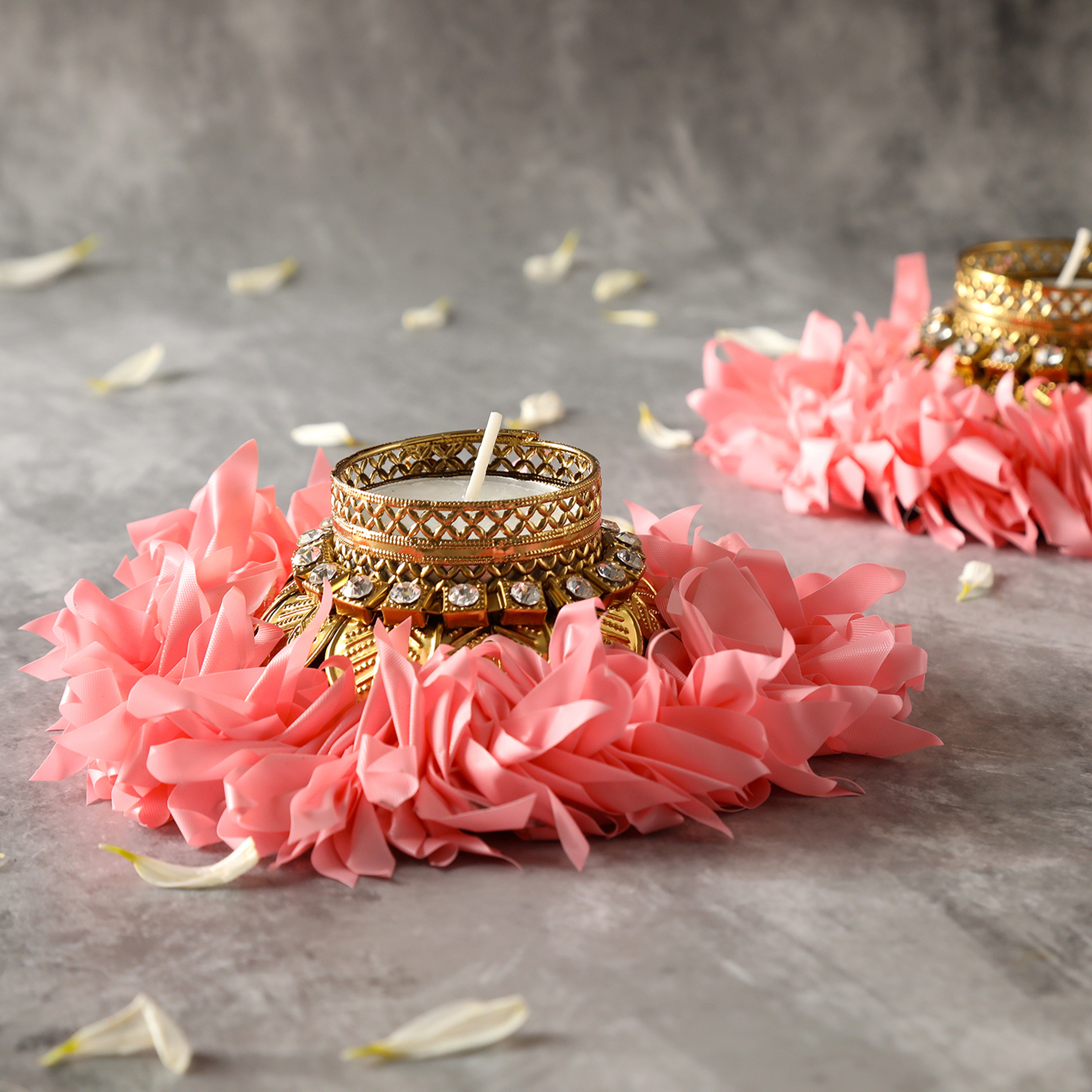 Artificial Gajra Metal Tea Light Holder - set of 2