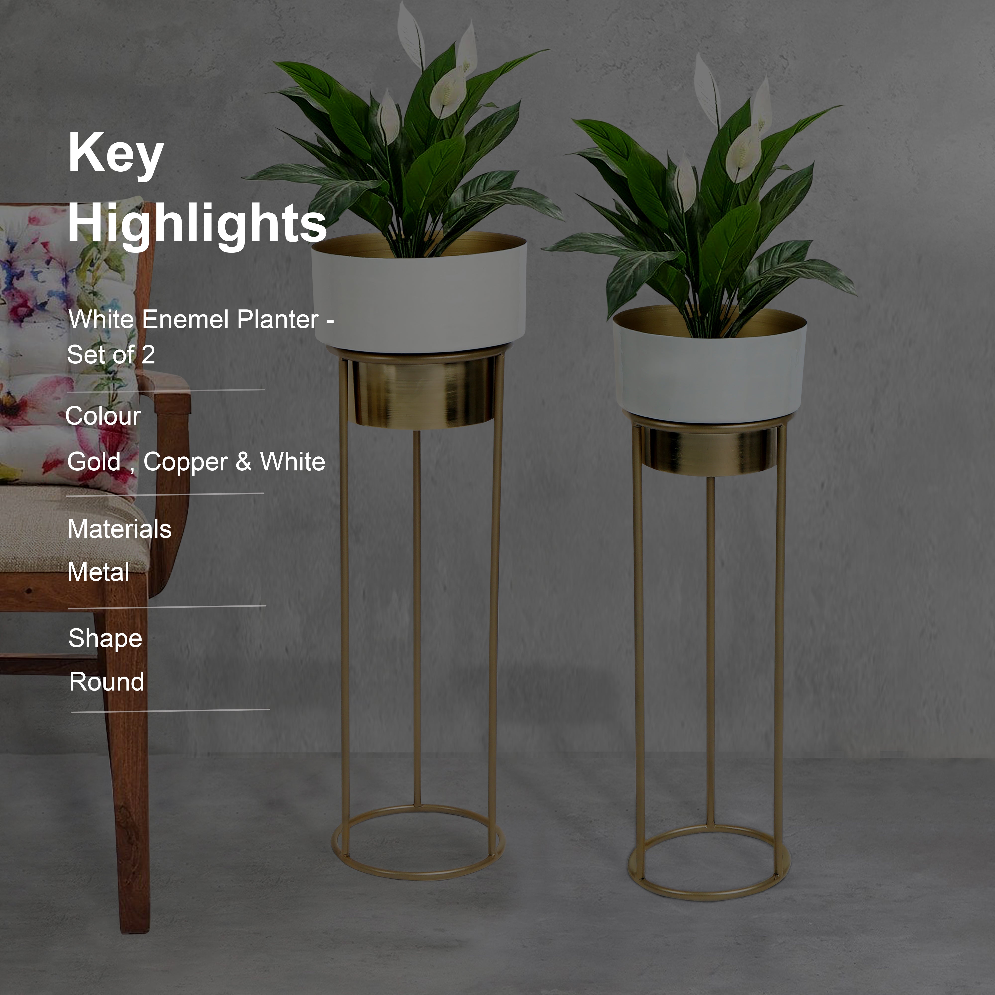 White Enamel & Gold Polish Metal Planter Set of 2