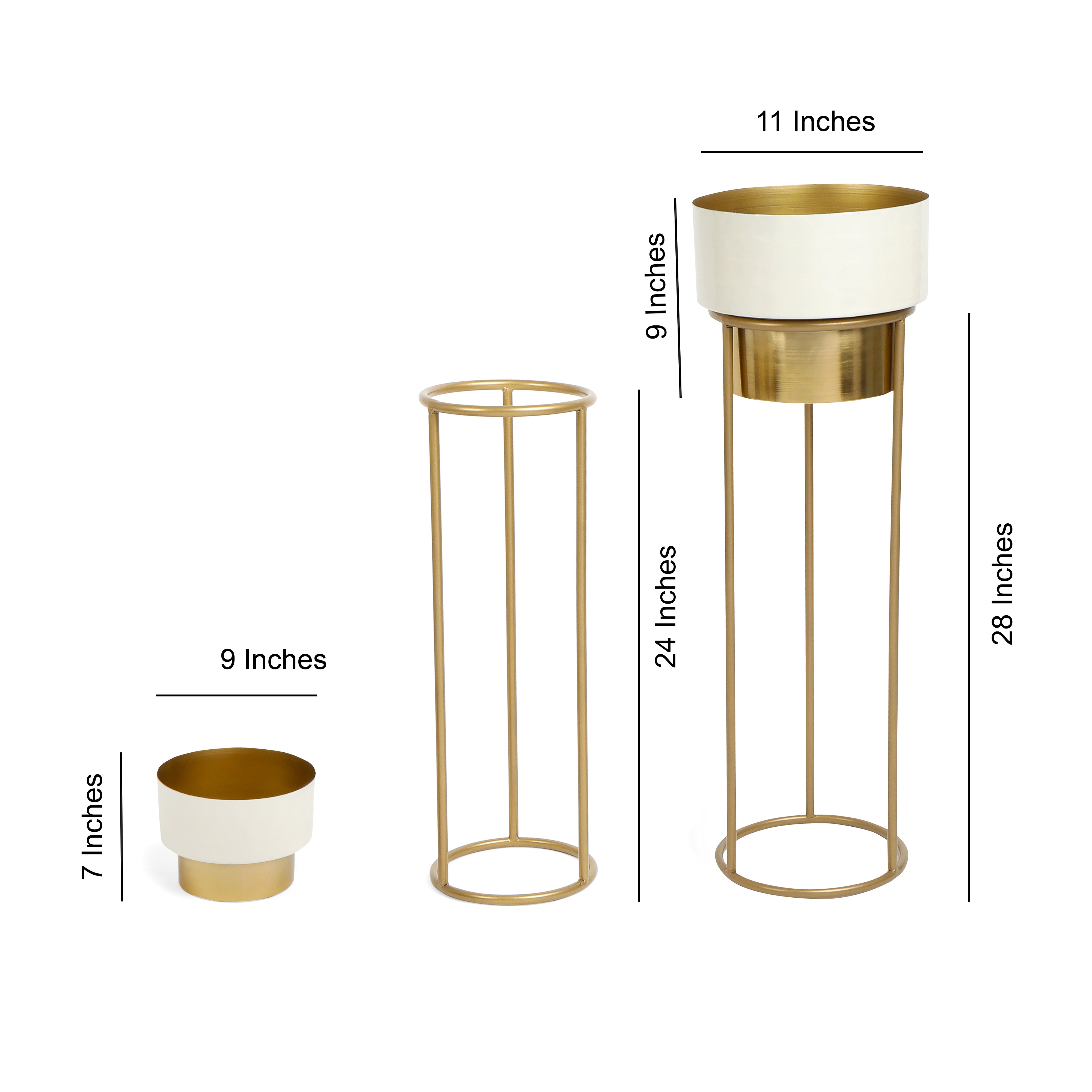 White Enamel & Gold Polish Metal Planter Set of 2