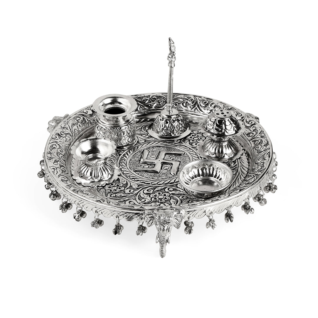 German Silver Pooja Thali Set With Elephant Legs