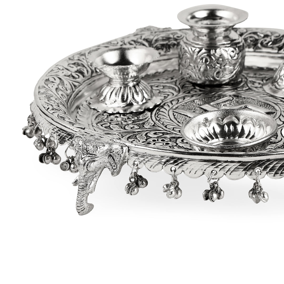 German Silver Pooja Thali Set With Elephant Legs