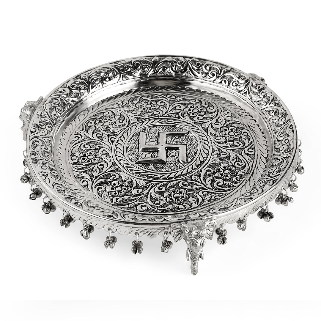 German Silver Pooja Thali Set With Elephant Legs