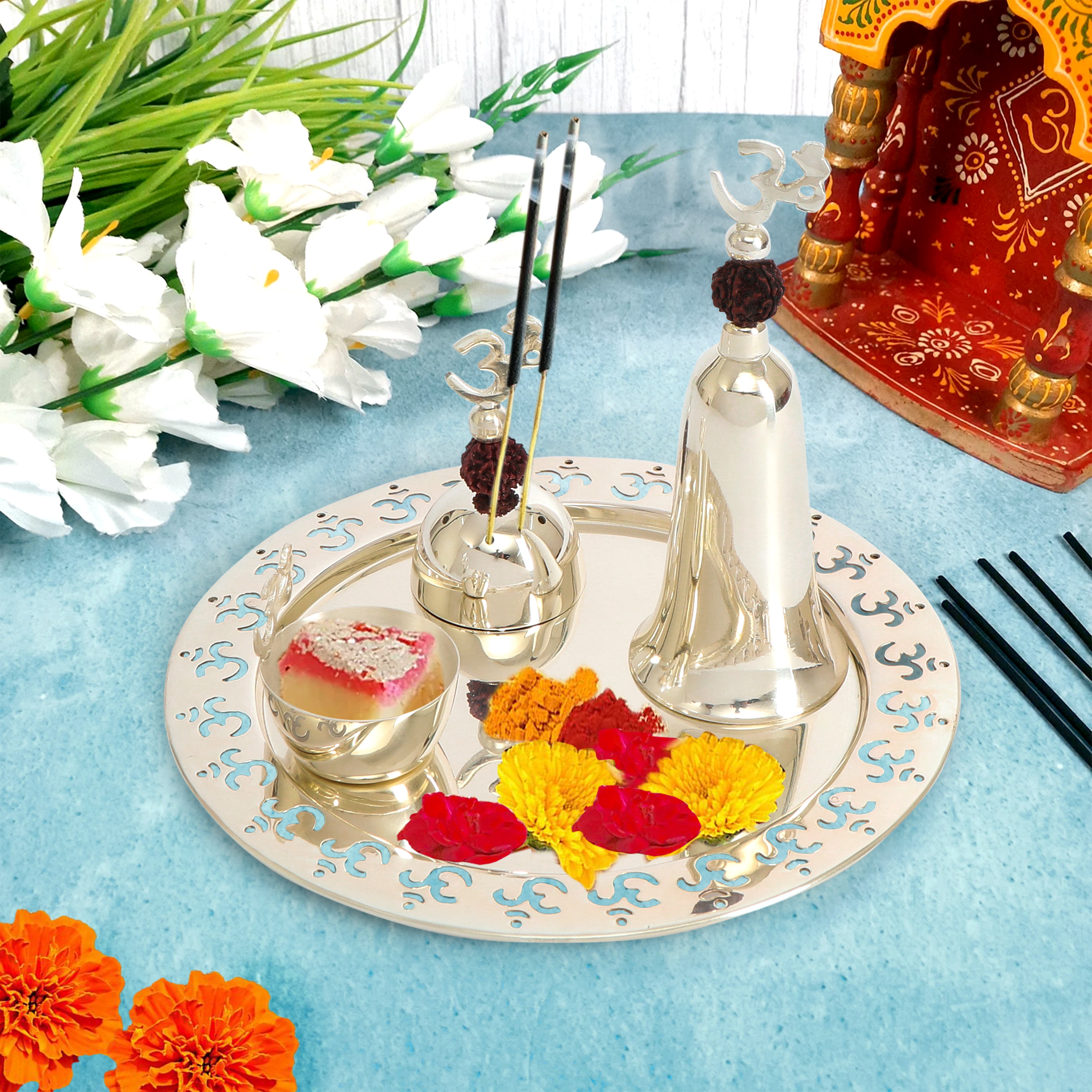 Brass Silver Plated Om Pooja Thali Set